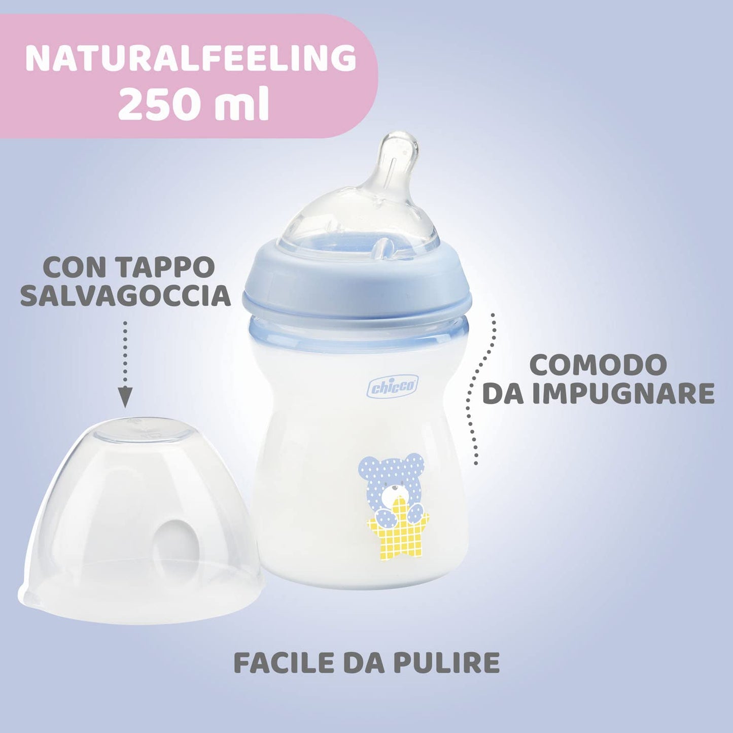 Chicco biberón Natural Feeling 250 ml azul para bebés, 1 Unidad