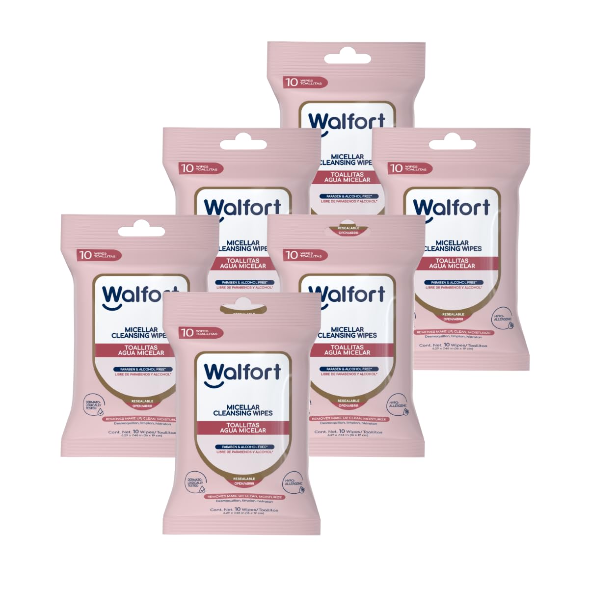 Walfort | Toallas Desmaquillantes con Agua Micelar, Limpieza Facial 3 en 1: Limpian, Desmaquillan e Hidratan (6 pack de 10 Piezas)