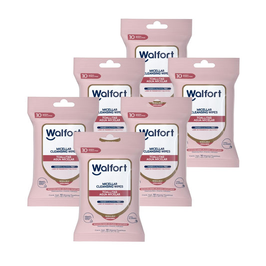 Walfort | Toallas Desmaquillantes con Agua Micelar, Limpieza Facial 3 en 1: Limpian, Desmaquillan e Hidratan (6 pack de 10 Piezas)