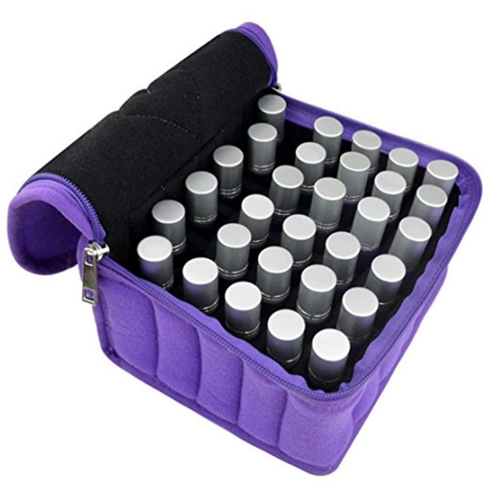 Healifty - Organizador de bolsa de transporte de aceite esencial de 30 rejillas para 30 botellas, soporte de viaje morado para aceites esenciales y botellas de cosméticos, 19 x 16 x 8 cm