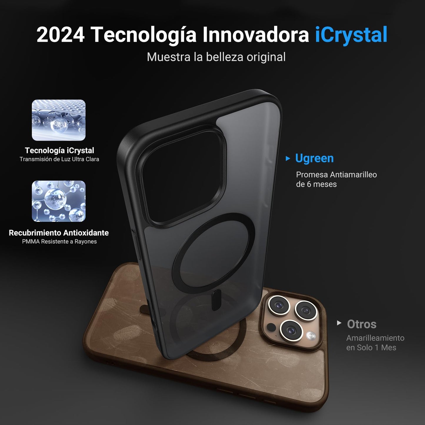 Funda iPhone 16 Pro MAX UGREEN Negro Magnético Anti-Amarillo con Protección de Lente y Caídas