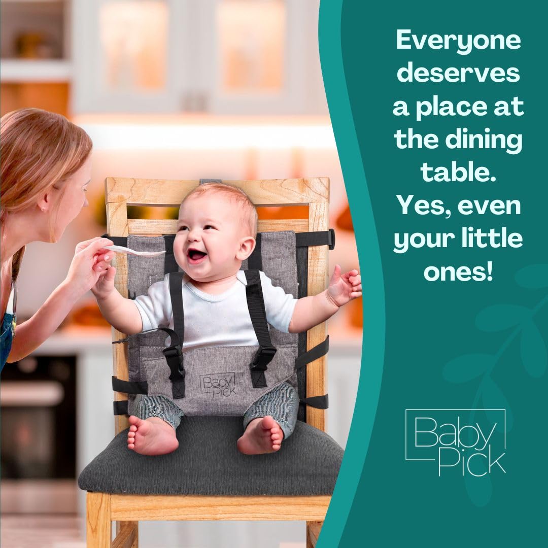 Silla alta portátil para viajes por Baby Pick – Asiento de arnés, equipo plegable y ligero, correas ajustables para bebés y niños pequeños, compacta y segura, lavable a máquina, imprescindible para
