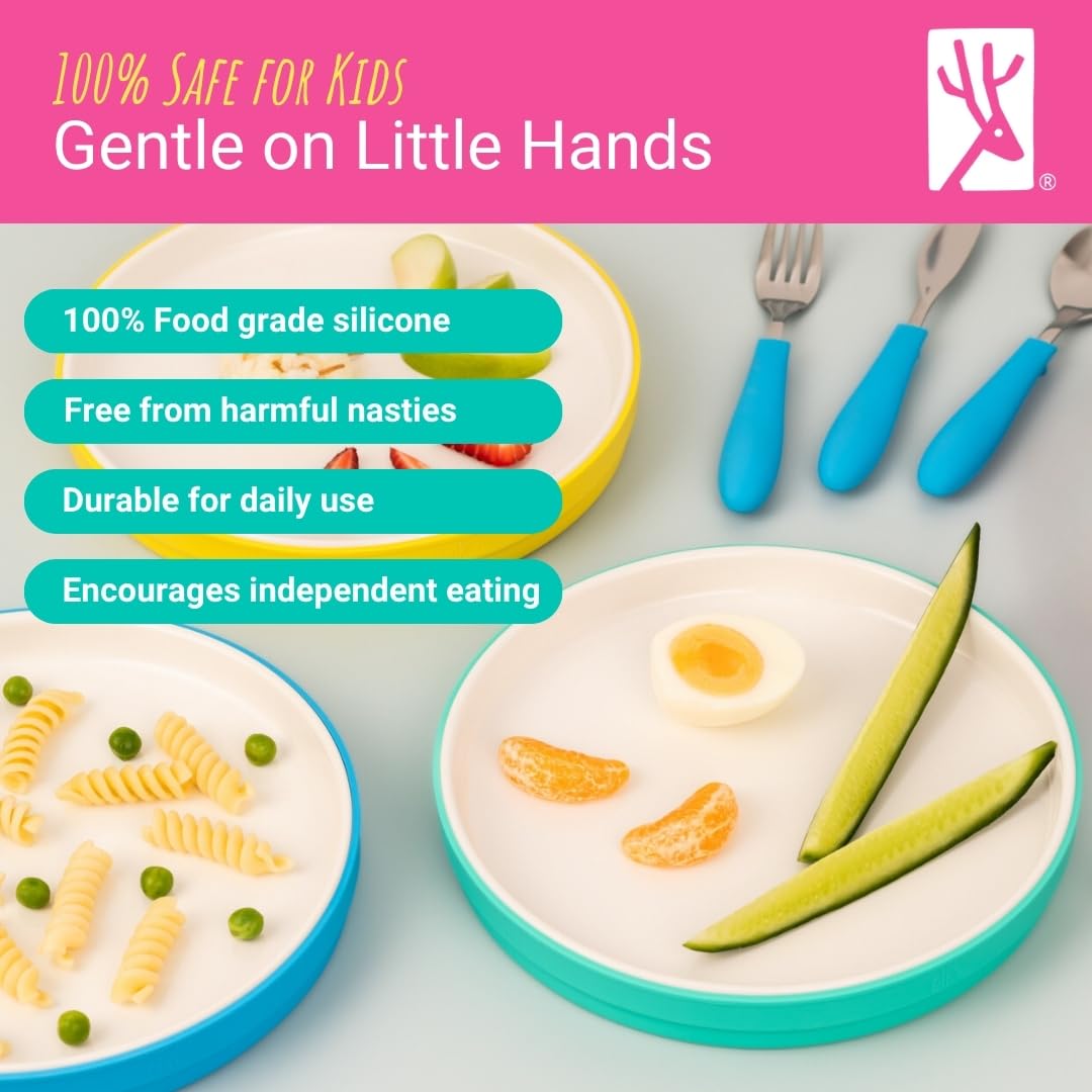 Elk and Friends Kids - Platos blancos de porcelana de 7.8 pulgadas con mangas de silicona + tapas, adecuados para bebés/niños pequeños, aptos para microondas y lavaplatos, vajilla antideslizante