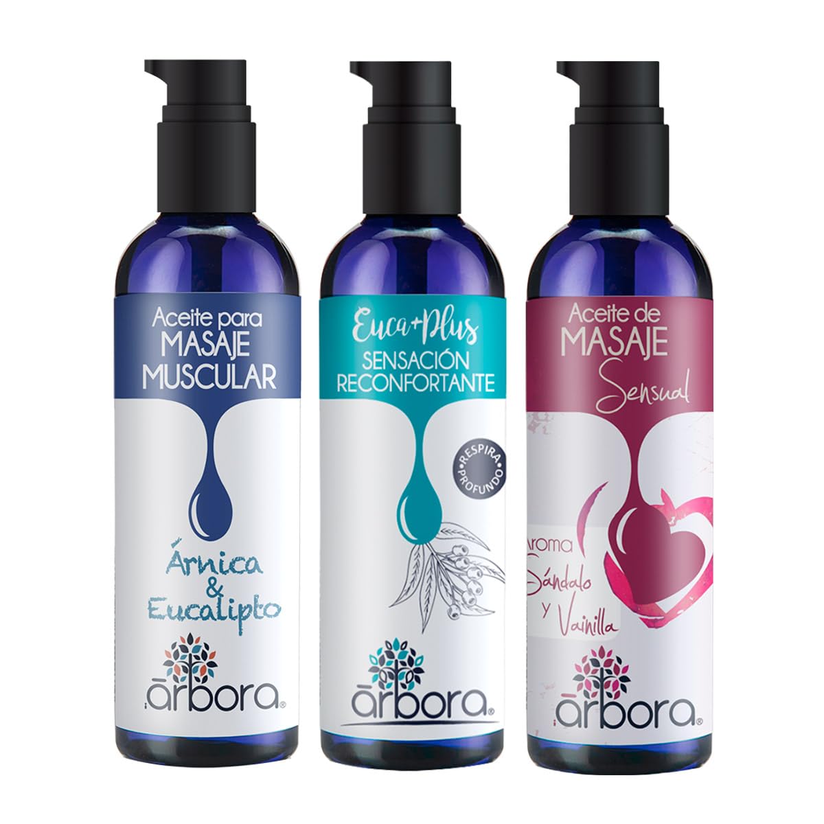Pack 3 Aceites para Masaje Árbora Sándalo y Eucalipto Reconfortante Aromaterapia 90 ml