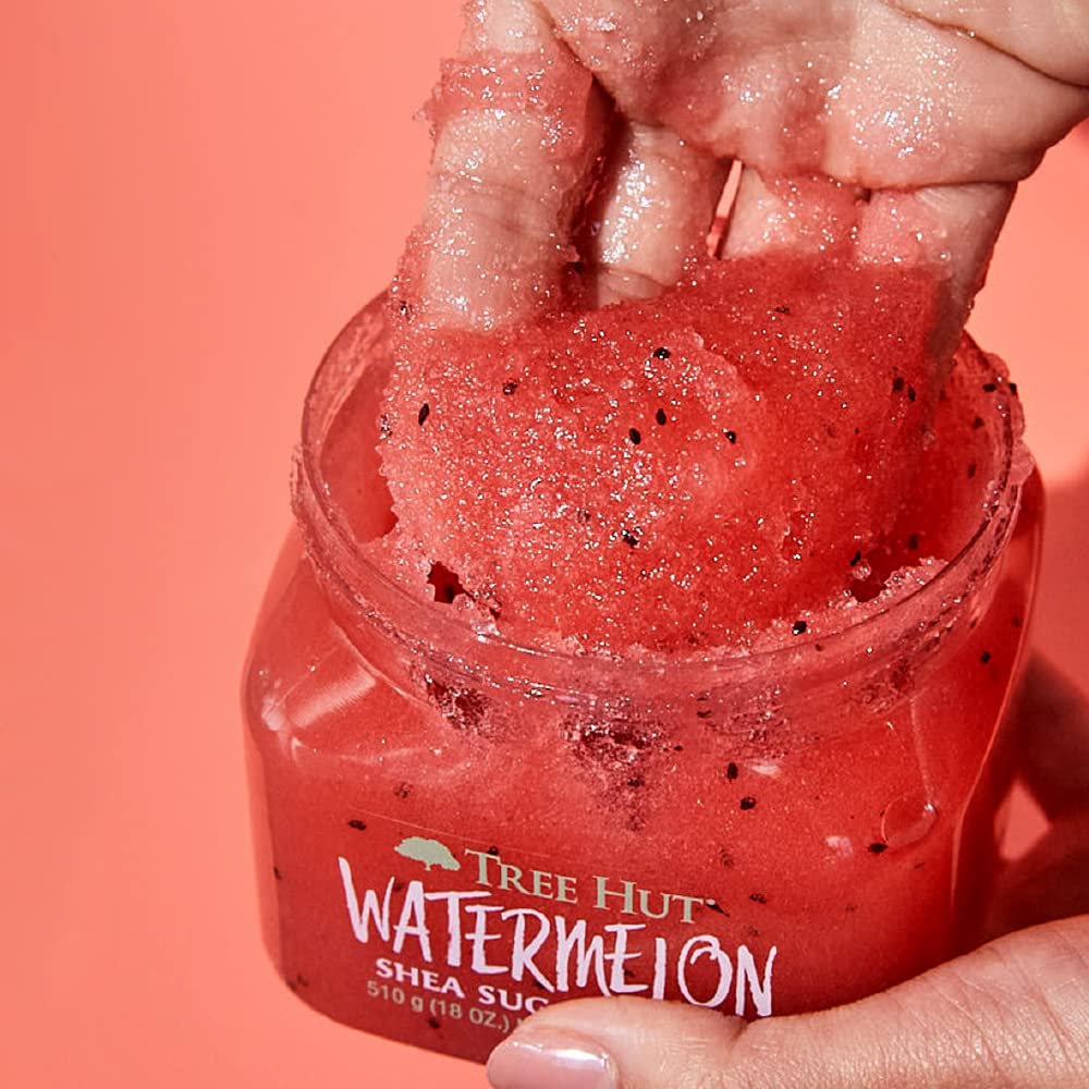 TREE HUT, Strawberry Shea Sugar Scrub, Exfoliante Corporal de Azúcar Natural, con Manteca de Karité y Fresa, Fórmula Vegana, 510 g + TREE HUT, Watermelon Shea Sugar Scrub, Exfoliante 510 gramos