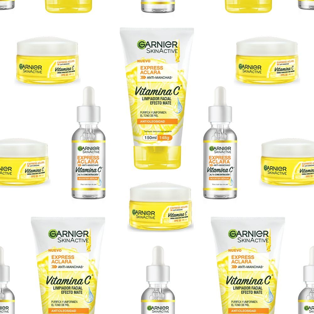 Kit Garnier Express Aclara Rutina anti manchas con Vitamina C: Sérum facial, crema hidratante y gel limpiador, 3 piezas. Hidrata, ilumina y unifica el tono de la piel