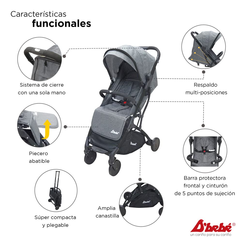 D´BEBÉ - Carriola Wing - Carriola ultra-ligera con plegado Super Compacto - Manubrio con Cierra Facil - Para Bebés de 3 Meses de Edad hasta 3 años - Color Gris