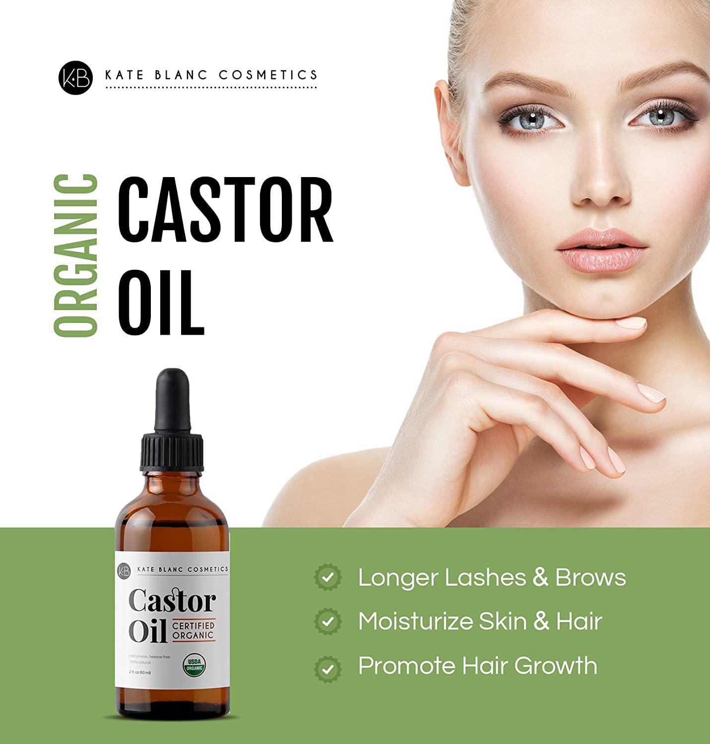 Castor Oil (2oz), USDA Certified Organic, 100% Pure, Cold Pressed, Hexane Free by Kate Blanc. Stimulate Growth for Eyelashes, Eyebrows, & Hair. Skin Moisturizer. FREE Starter Kit. 1-Year Guarantee.