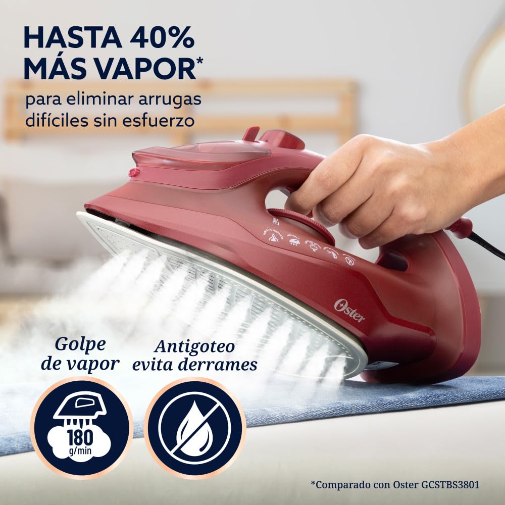 Oster Plancha de Vapor, AeroGlide S7200, con Golpe de Vapor 180 g/min, Recubrimiento Metálico Cerámico, Suela con más Cobertura, Tecnología Aeroceramic, Antigoteo, Rojo, GCSTAC7201-013