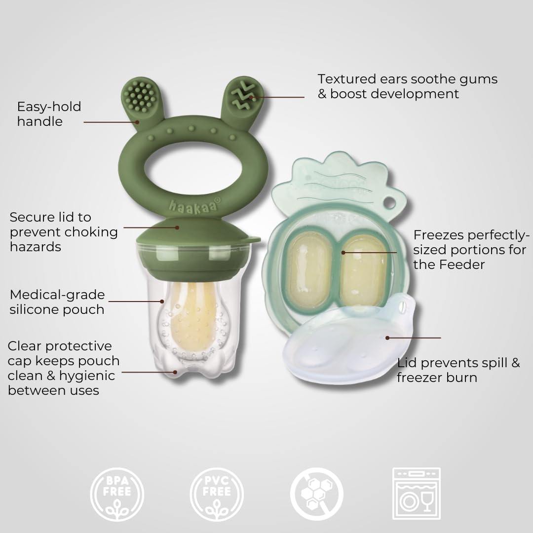 Haakaa Freeze-N-Feed Mini Combo con alimentador de alimentos de silicona y mini bandeja de silicona para picar | Auto-alimentador de alimentos sólidos para bebés | Molde para paletas de leche materna
