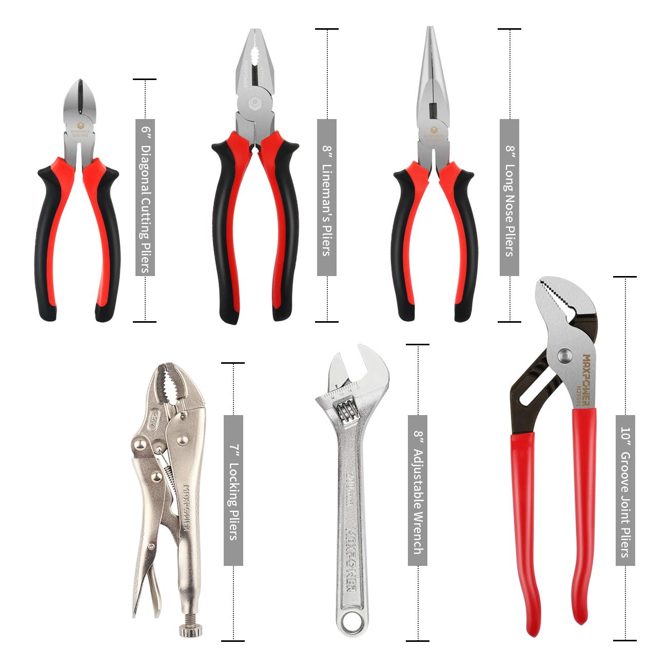 Juego de llaves y alicates MAXPOWER, juego de 6 bolsas de kit. Alicates de bloqueo de 7 ", Alicates de ranura para juntas de 10", Alicates de punta larga de 8 ", Llave ajustable de 8", Alicates de corte diagonal de 6 ", Alicates de liniero de 8"