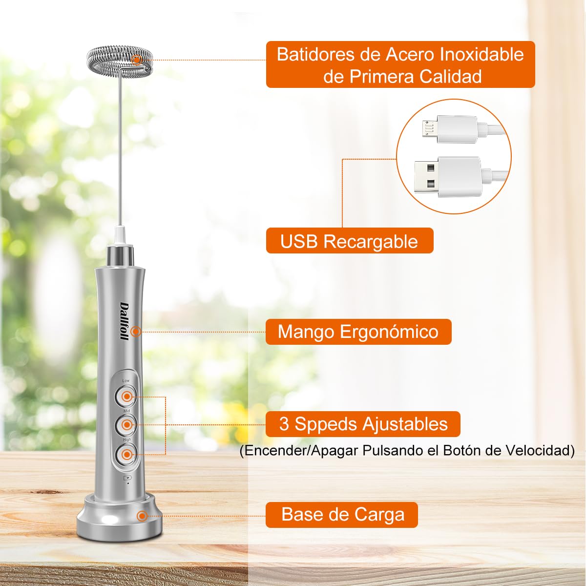 Dallfoll - Espumador de leche de mano, recargable por USB, mini máquina de espuma eléctrica para café Lattes, 3 velocidades, espumador de leche mezcladora de bebidas con 3 batidores para café a prueba de balas, capuchino, matcha