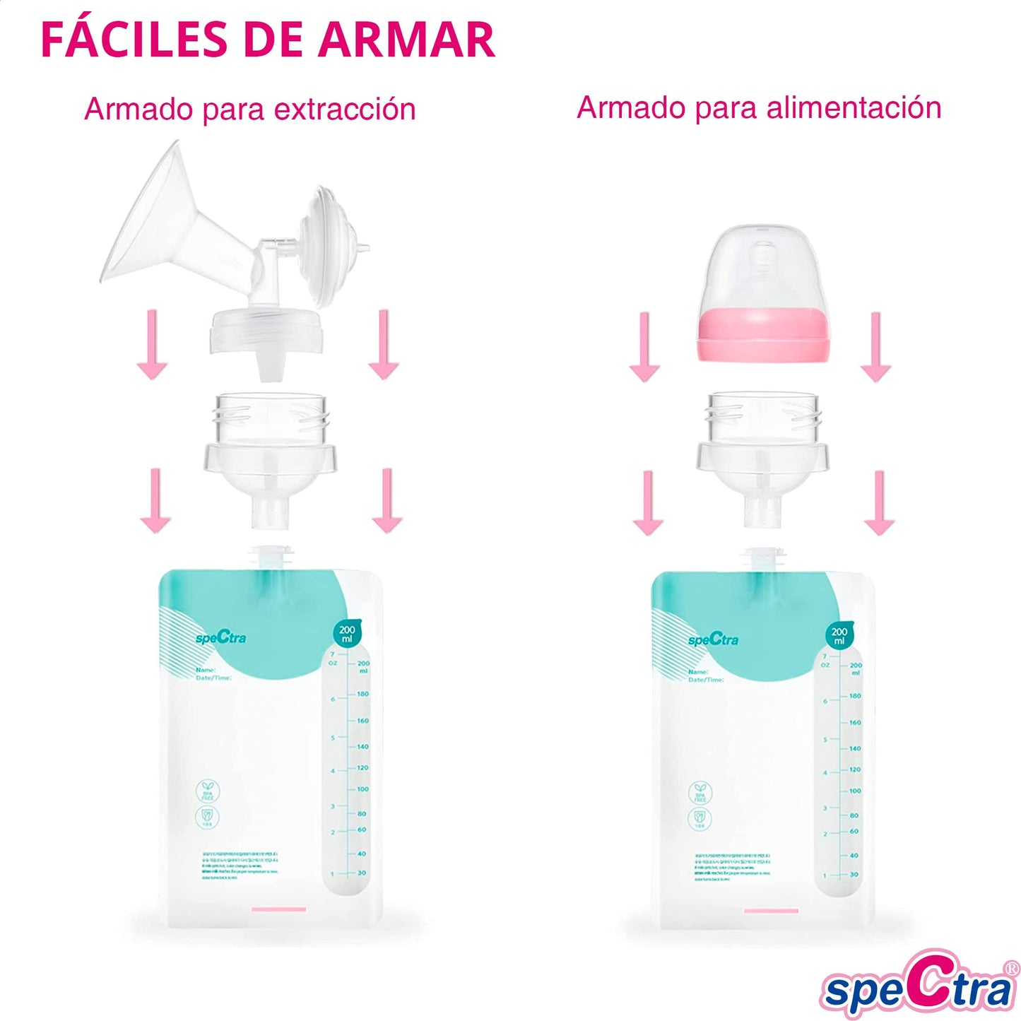 Kit de Bolsas de Almacenamiento Espectra Transparente Original para Leche Materna con Conector para Copa y Tetina