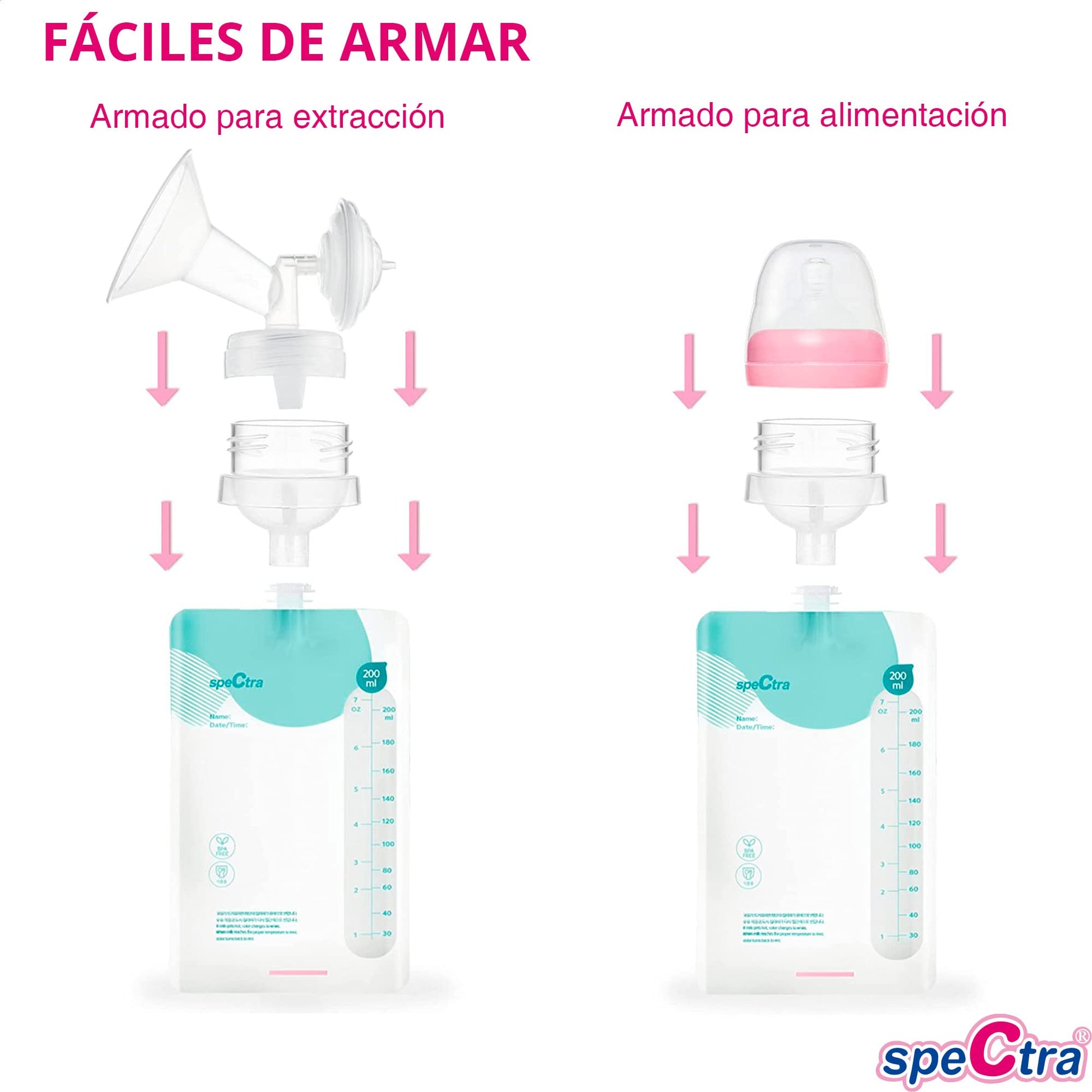 Kit de Bolsas de Almacenamiento Espectra Transparente Original para Leche Materna con Conector para Copa y Tetina