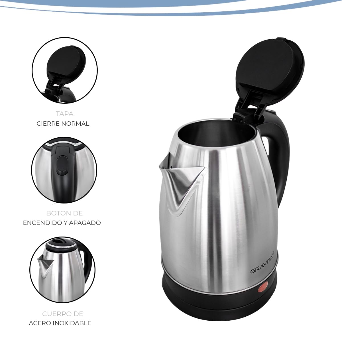GRAVITA Cafetera Tetera Eléctrica Hervidor de Agua Capacidad 2 Litros, Cuerpo de Acero Inoxidable con Sistema de Ebullición Rápida, Apagado Automático, Potencia 900W.