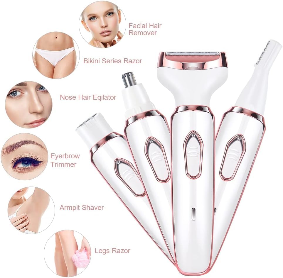 Depiladora Electrica Mujer,Rasuradora Mujer, Portátil Sin Dolor 4 En 1 Navaja De Afeitar Para Mujeres, USB Recargable，Afeitadora femenina sin dolor para el vello facial, cejas, axilas y zona del bikini. (rosa)