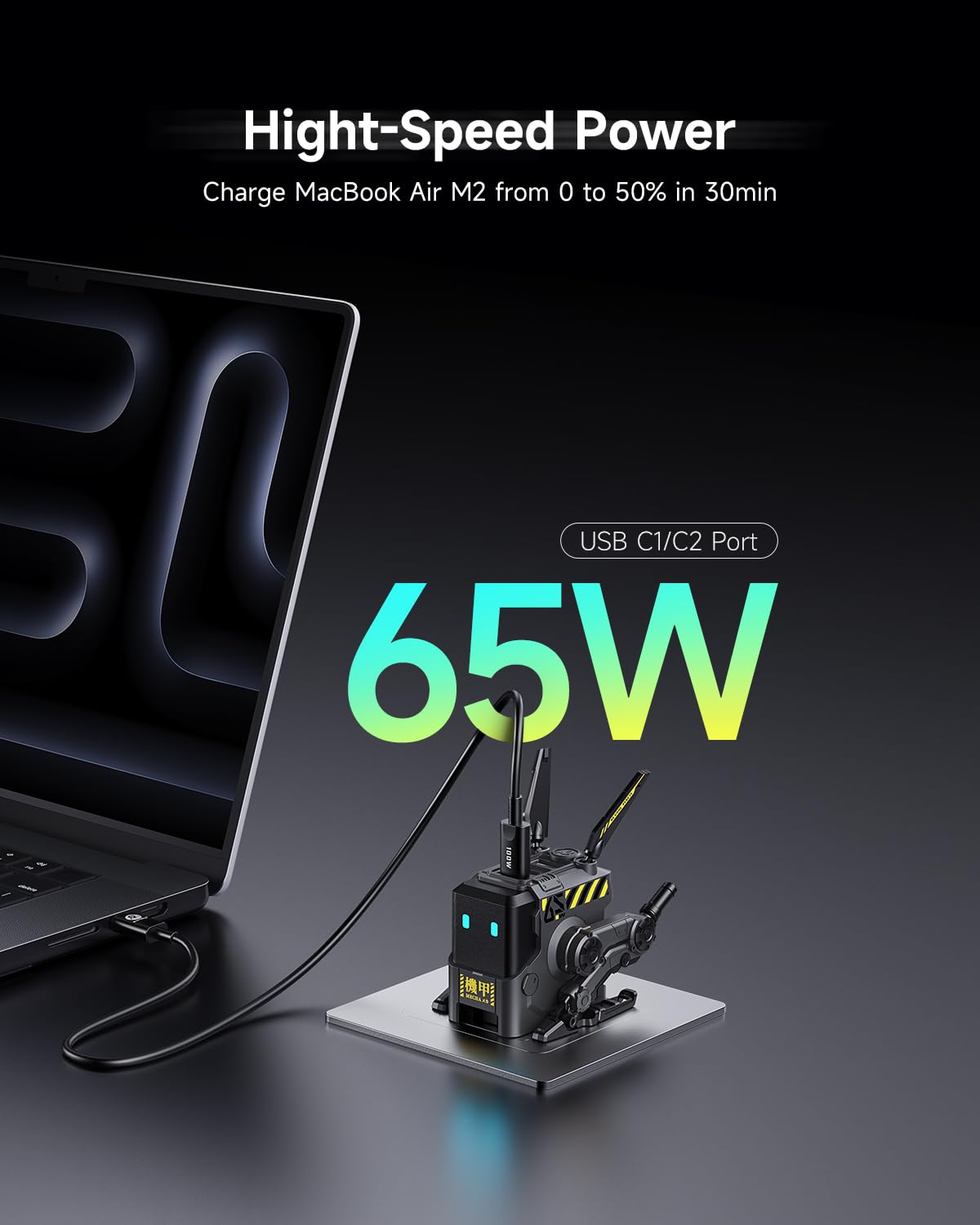 GravaStar Cargador USB C de 65 W, Bloque de Cargador rápido GAN Robot Alpha65, Adaptador de Corriente rápido de 3 Puertos, Cargador USB C de Pared Compacto Plegable (Negro)