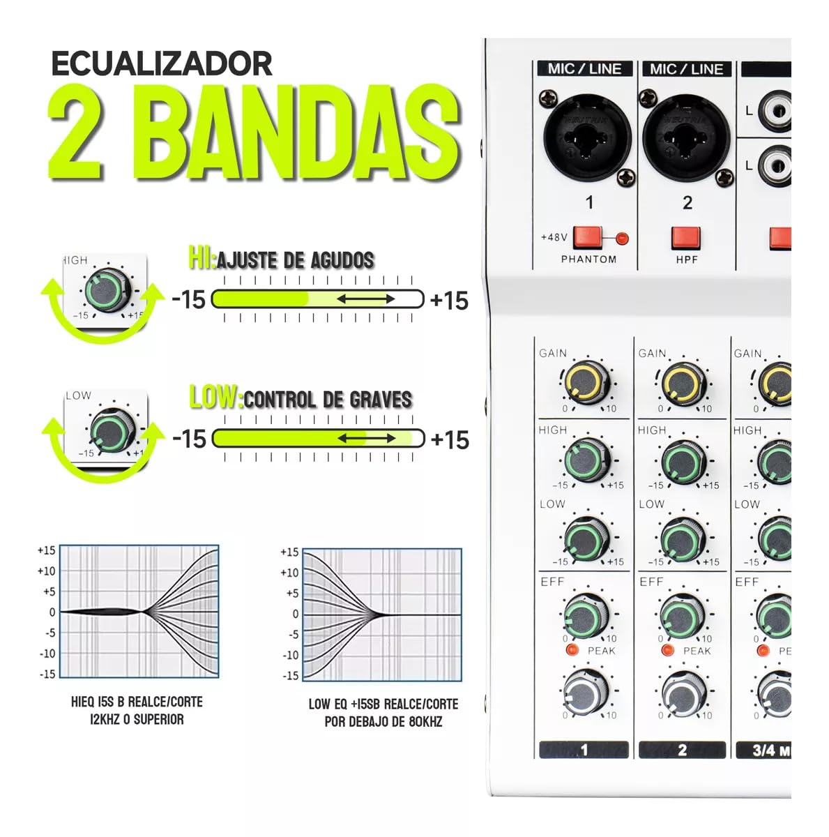 Mezcladora de Audio Profesional RodeoSonido XA4 Negra 4 Canales con Bluetooth y USB para DJ y Estudio