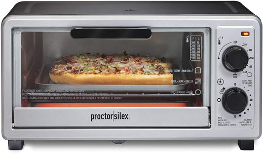 Horno tostador Baz, multifunción con 4 rebanadas, tostadas y pollo, 1100 vatios, temporizador de 30 min y apagado automático, incluye bandeja para hornear, negro y plateado, modelo 31260