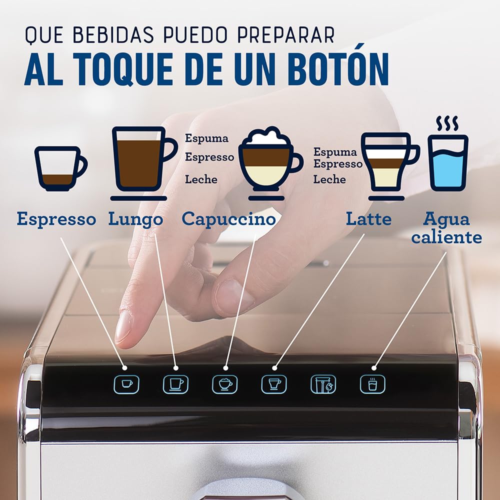 Oster Cafetera Super Automática para Espresso, de 20 Bares de Presión, con Molino Integrado, con Panel de Control Táctil con 5 Funciones Preestablecidas, Color Plata-Negro, BVSTEM8100-013