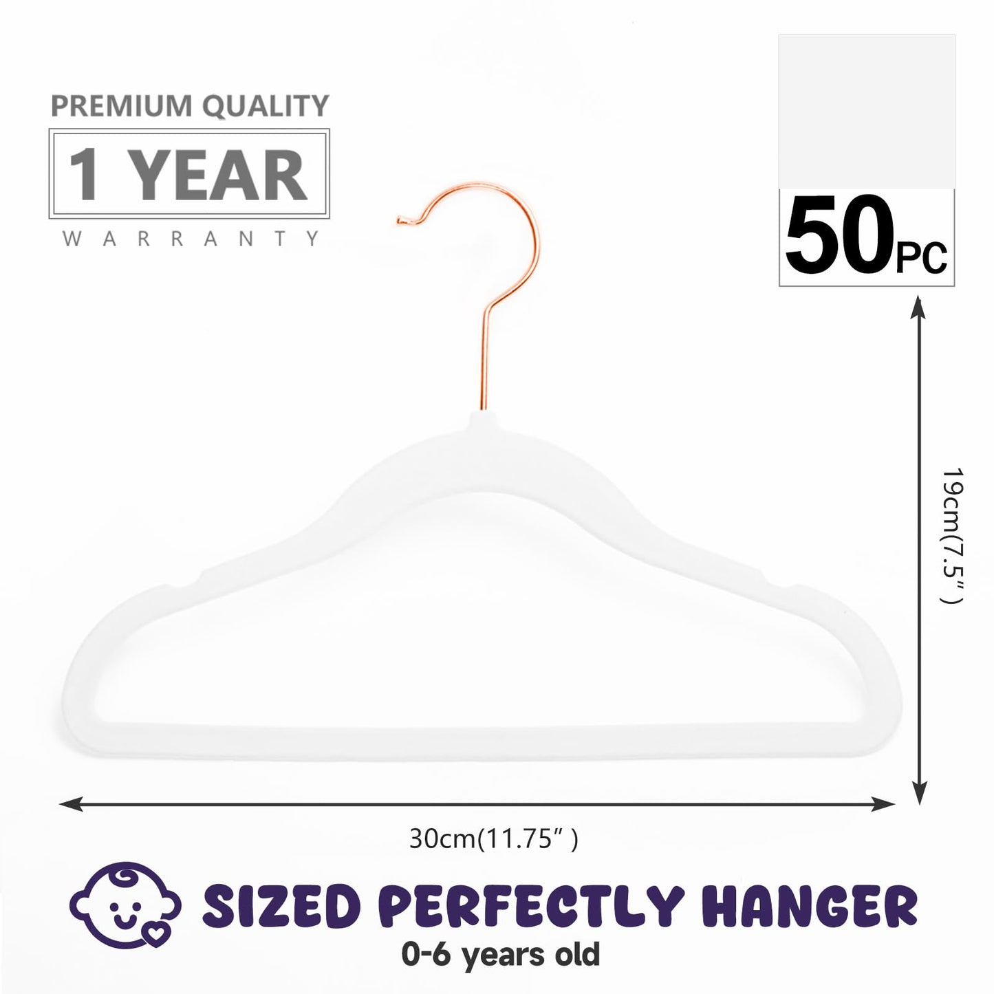 MIZGI - Perchas de terciopelo para bebé, antideslizantes, para niños y niños, perchas de 11.8 pulgadas para ropa de bebé, paquete de 50 (blanco)