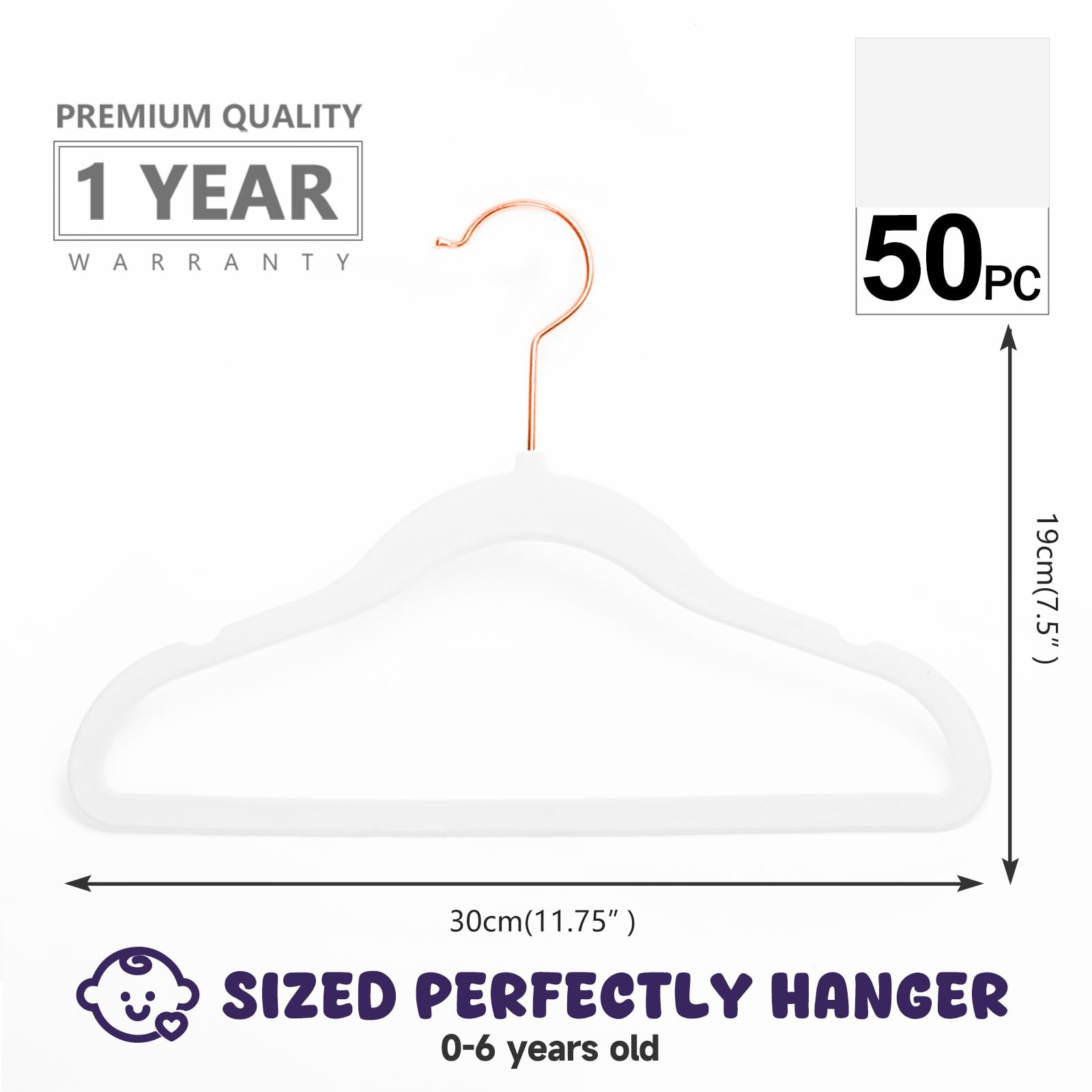 MIZGI - Perchas de terciopelo para bebé, antideslizantes, para niños y niños, perchas de 11.8 pulgadas para ropa de bebé, paquete de 50 (blanco)