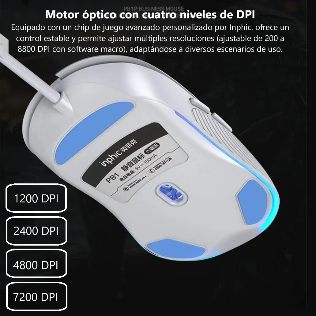 Mouse Gamer TECHWOLF Blanco USB RGB 4 Colores 6 Botones dpi Ajustable 7200 Clic Silencioso Diseño Ergonómico para Juegos y Oficina