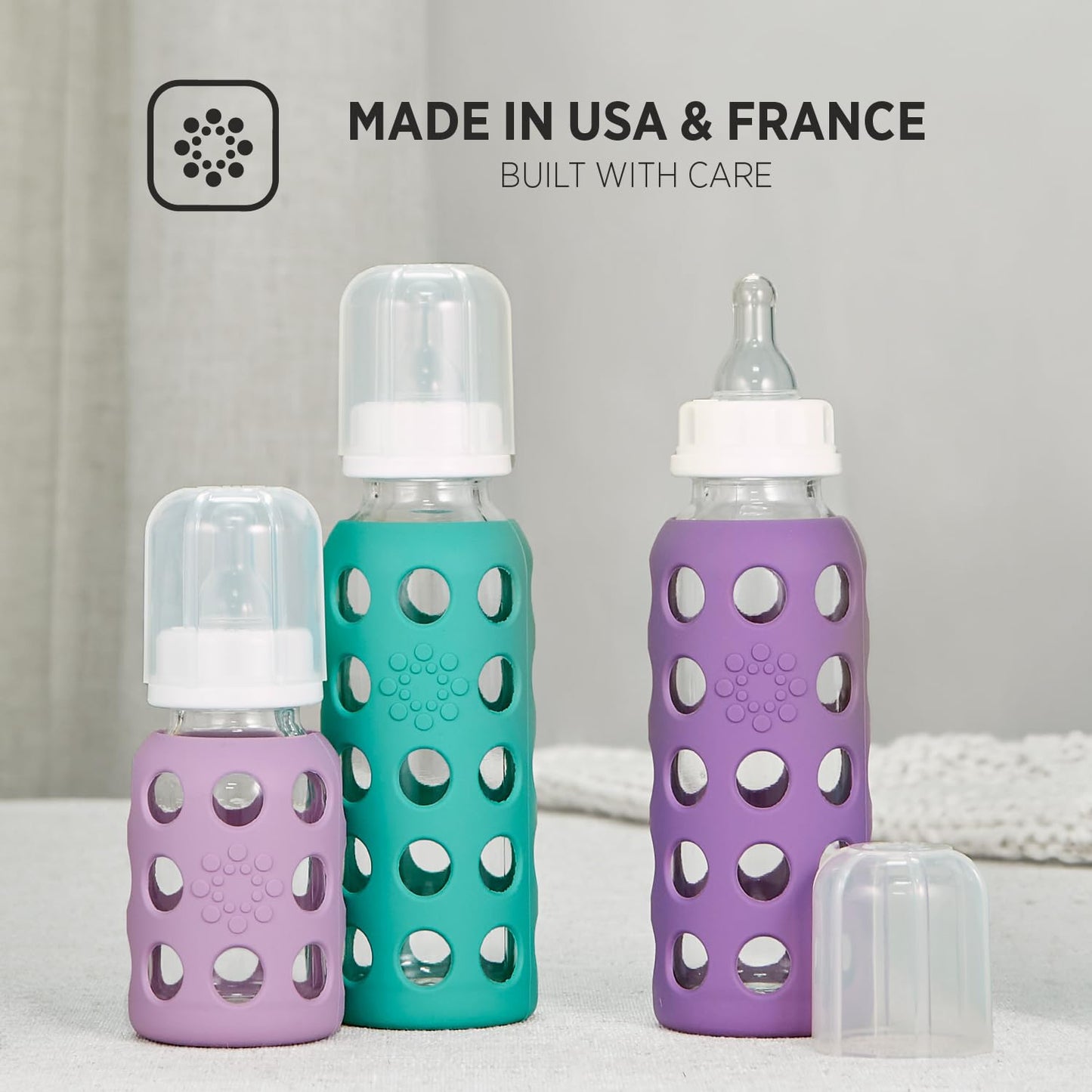 Lifefactory - Biberón de vidrio con pezón de etapa 1 y funda protectora de silicona, plátano, 4 onzas