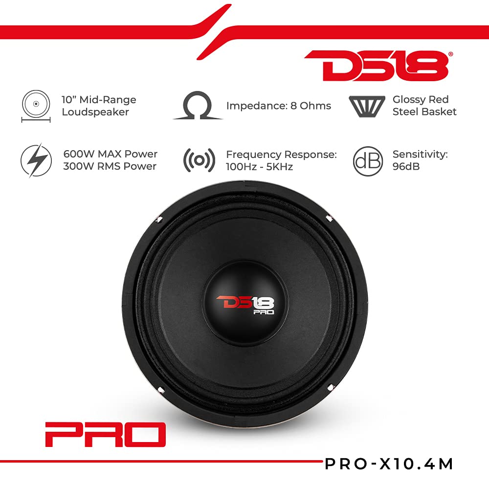DS18 PRO-X10.4M - Altavoces de Puerta de Audio de Alta Calidad para Coche o camión (10 Pulgadas, Rango Medio, Cesta de Acero Rojo, 600 W máximo, 300 W RMS, 4 Ohmios)