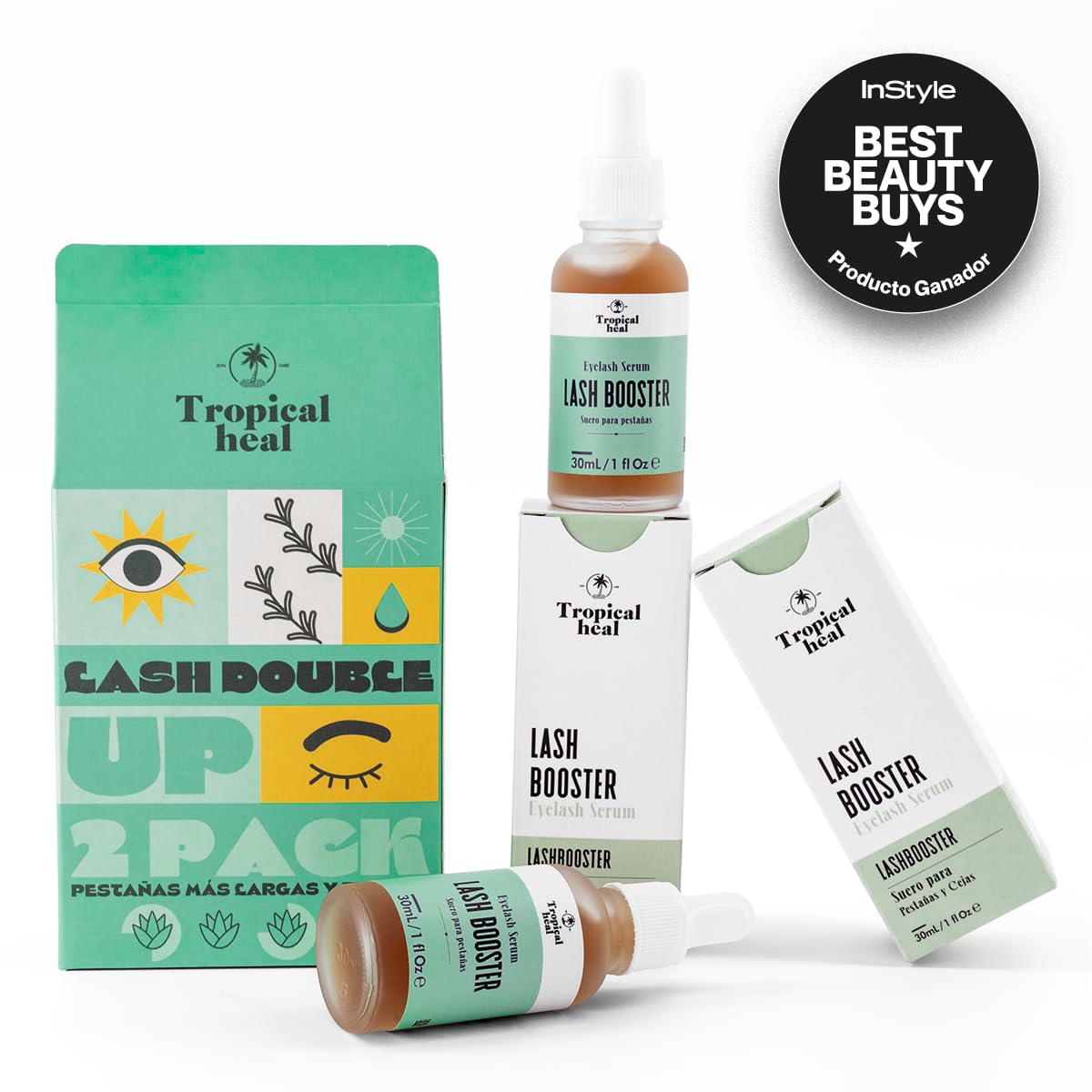 Tropical Heal - 2 Sueros Naturales Lash Booster para Crecimiento de Pestañas y Cejas - Tratamiento Nutritivo y Fortalecedor para Pestañas Más Largas y Fuertes - Fórmula con Extractos 100% Naturales, 30 ml c/u