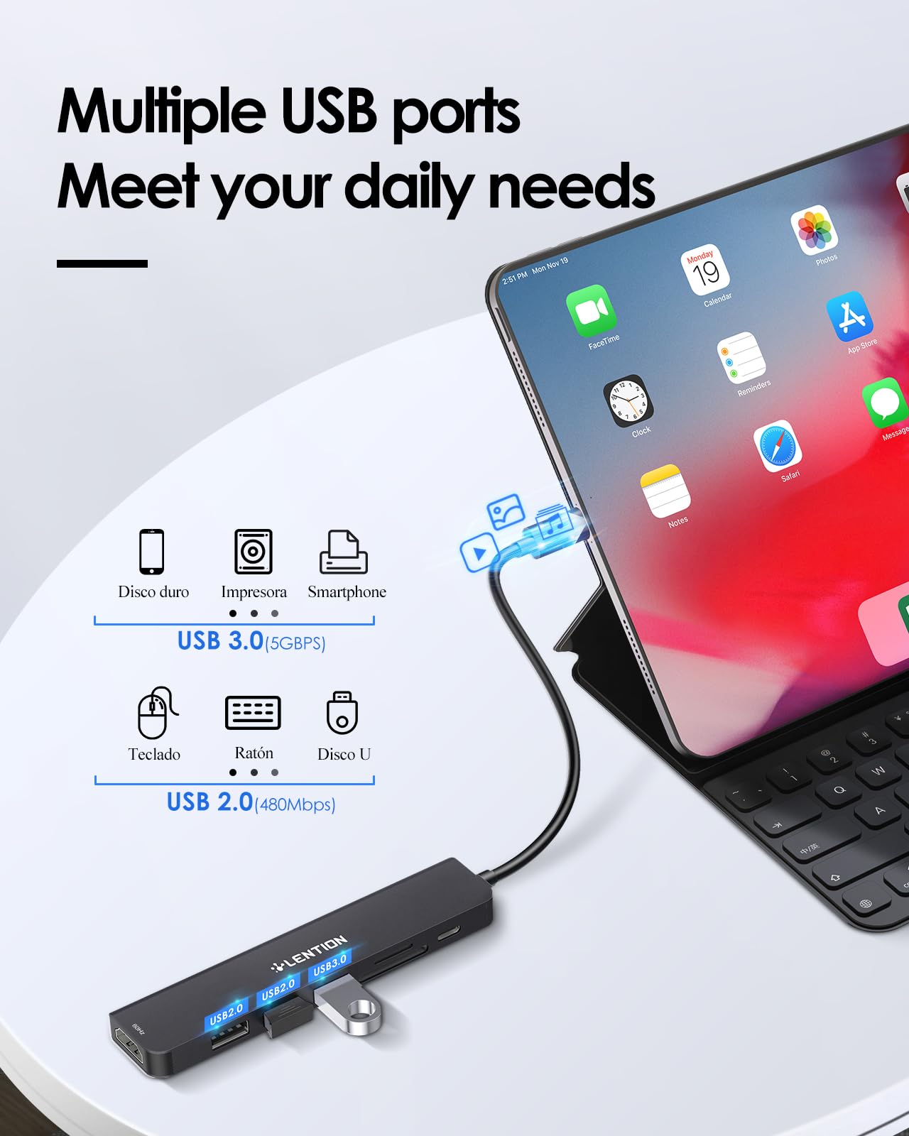 LENTION 7 en 1 USB C Hub 4K 60Hz,5 GBP Adaptador USB C,Lector de Tarjetas SD TF,1 USB 3.0 y 2 USB 2.0, PD 100 W,Carga Compatible con MacBook Pro 2025-2016, Chromebook, ipone16 (CE18,Negro)