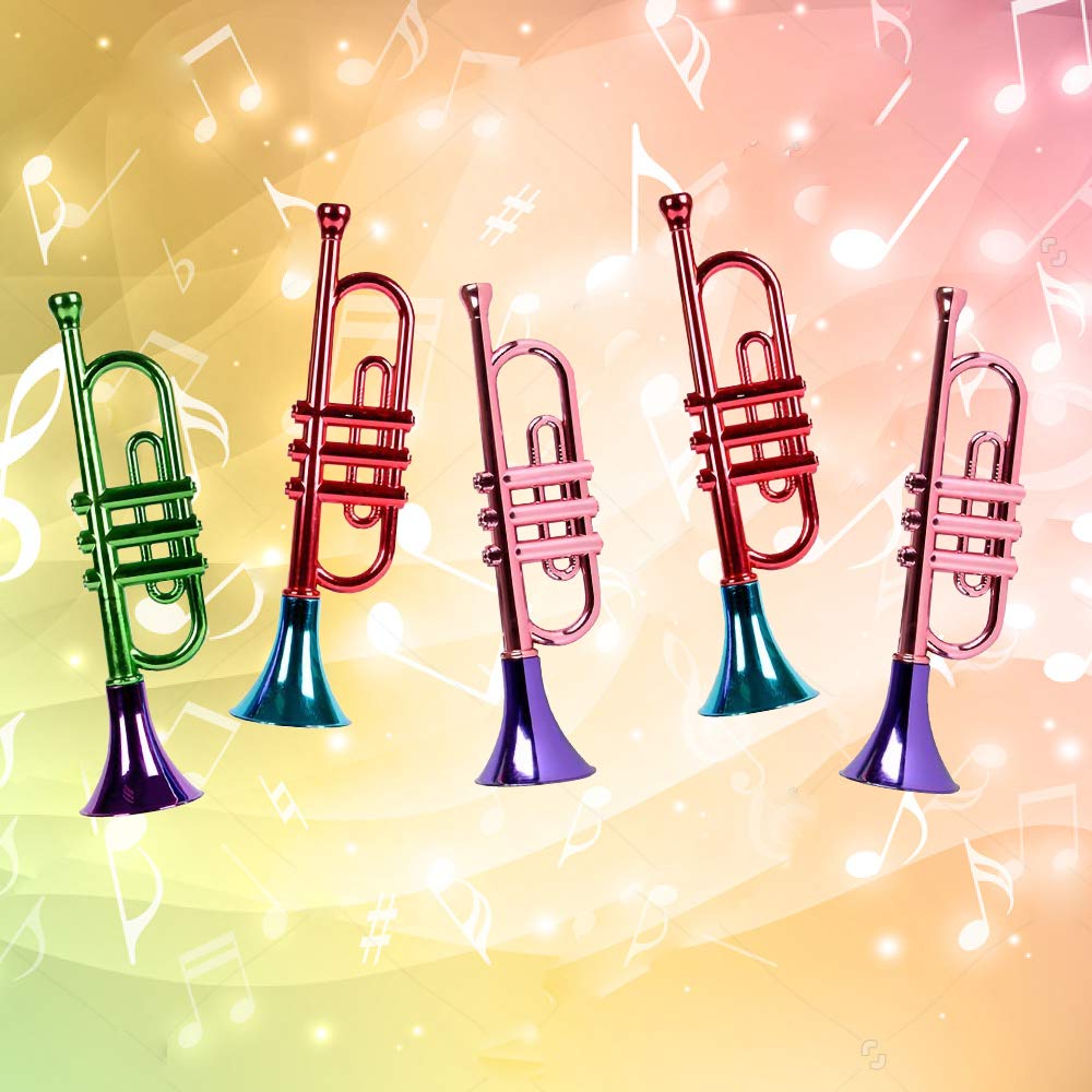 ArtCreativity - Juego de 5 trompetas metálicas de 13 pulgadas, divertidos instrumentos musicales de plástico para fiestas y eventos, juguetes musicales para niños, regalos geniales para fiestas de