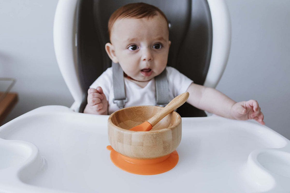 Ecowood® Tazón/Plato Hondo/Bowl de Bambú para Bebe y Niño - Con Base de Silicona Succión Adherente y Antiderrapante (Naranja)