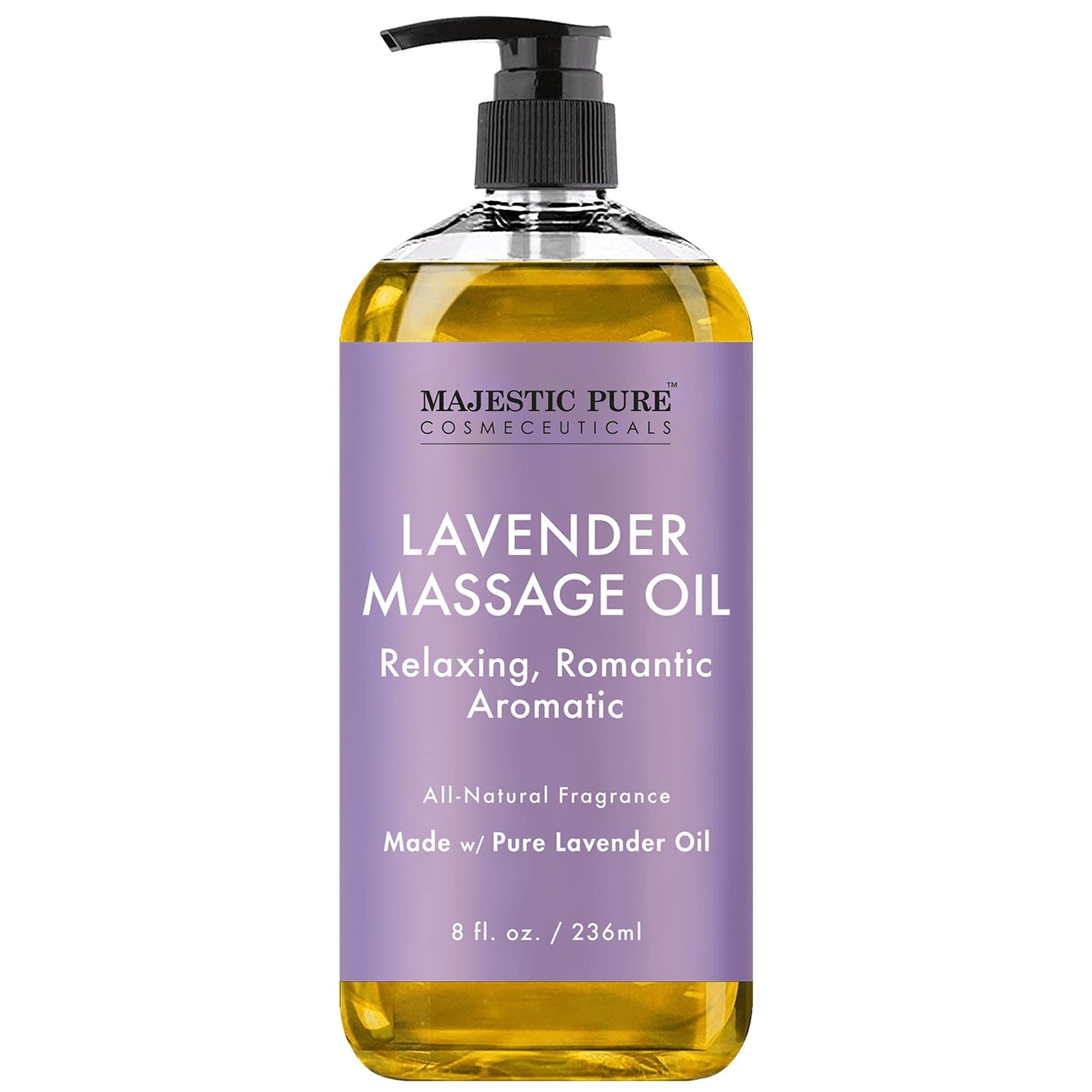 MAJESTIC PURE Aceite de masaje de lavanda para hombres y mujeres, ideal para calmar, calmar y relajarse, mezcla de aceites naturales para masaje terapéutico y aromaterapia, 8 onzas líquidas