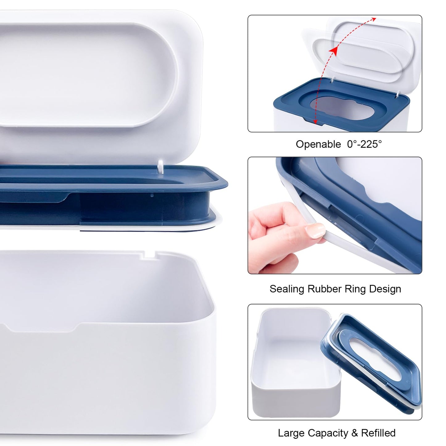 Dispensador de toallitas reutilizables, contenedor de toallitas recargables, fácil de abrir y cerrar con tapa para baño, bebé, guardería, cocina, oficina, viajes (azul/gris)