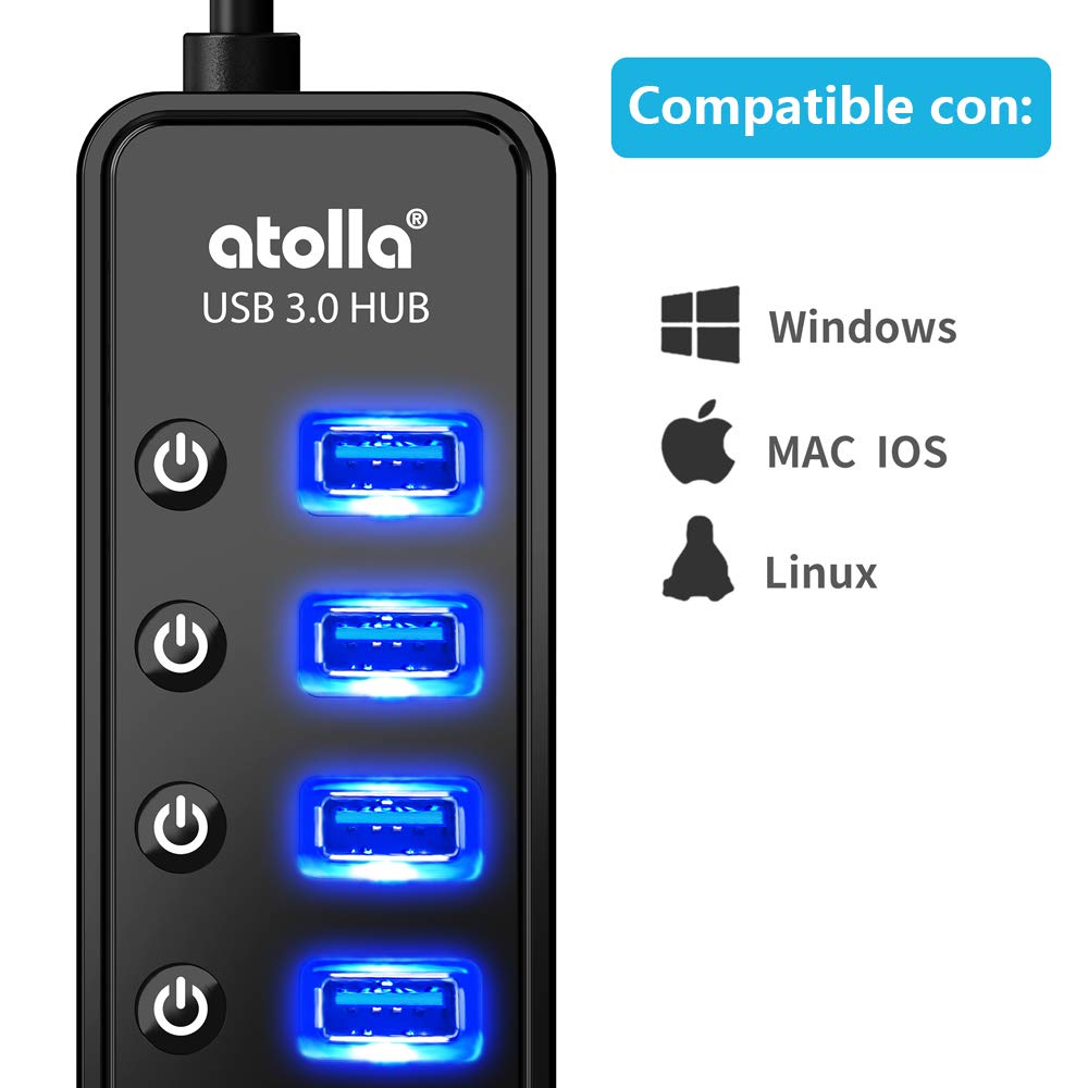 atolla Hub USB 3.0, 7 Puertos Multi USB 3.0 Hub con Interruptor Independiente + 1 Puerto de Carga USB y 5V / 4A Adaptador de Corriente Extension USB para MacBook, Mac Pro/Mini y más
