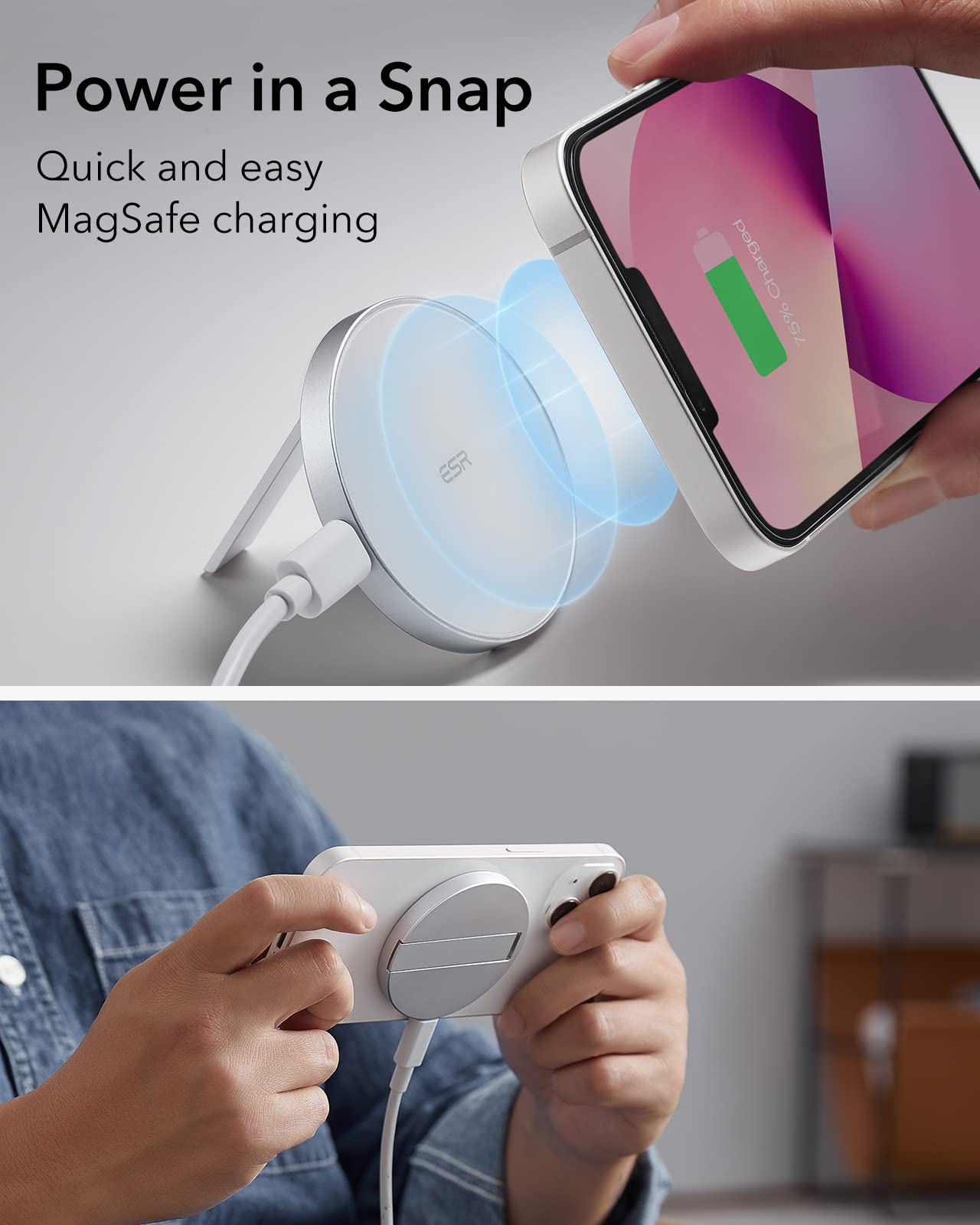 Cargador Inalámbrico ESR HaloLock blanco con Soporte y Cable Extraíble Compatible con MagSafe para iPhone 14 y 13 Series