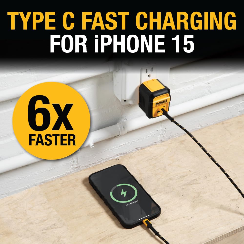 DEWALT 49.5W USB & USB C Charger (Cable Not Included), 2 Port Compact Foldable Fast Charger for iPhone 15/14, Galaxy, Pixel 4/3, iPad - Black & Yellow