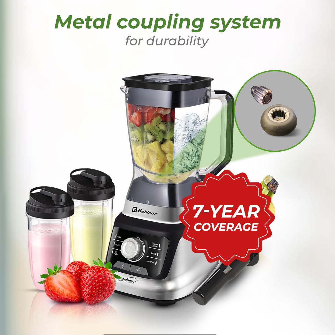 Koblenz Licuadora Profesional LKM-9610, Tecnología Reversible, 1400W, 2L Vaso Tritán +2 Vasos Personales 900ml, Perilla de Velocidad Ajustable, 6 Programas Automáticos, Sistema Metálico, Plateado
