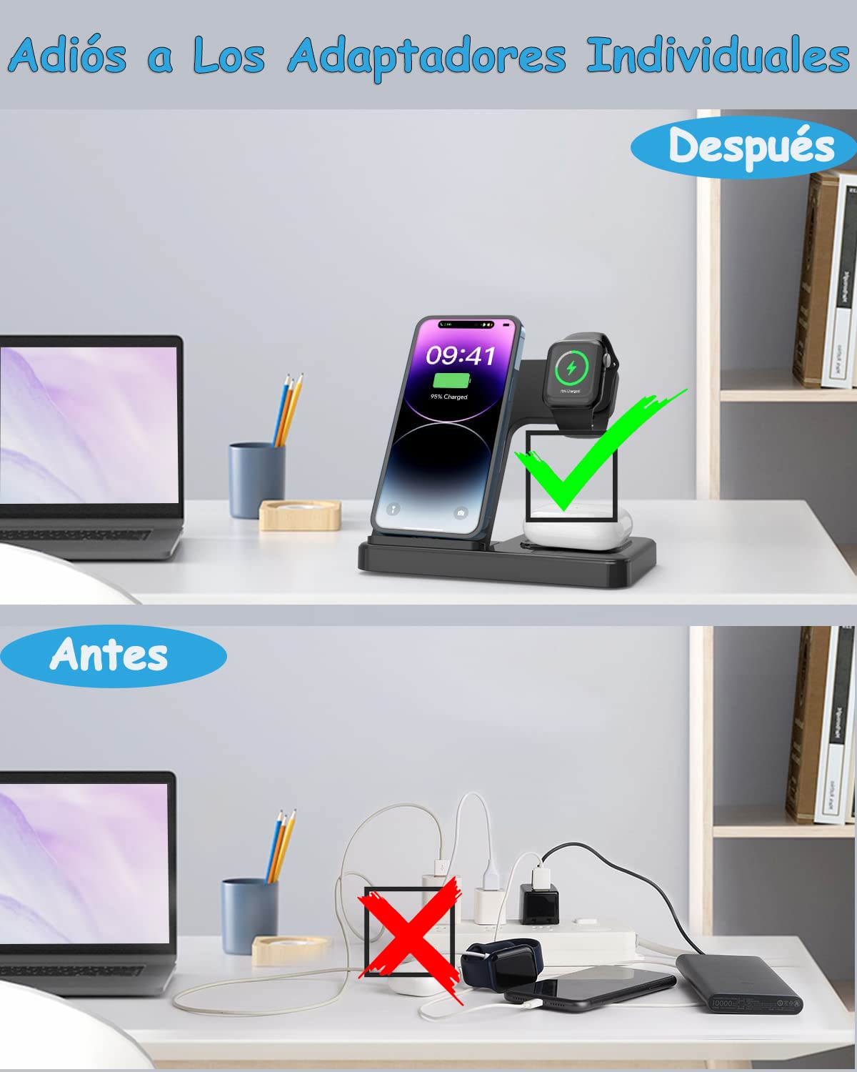 Cargador Inalámbrico 3 en 1 con Cabezal QC3.0 de 18W para iPhone, Samsung, Apple Watch, AirPods