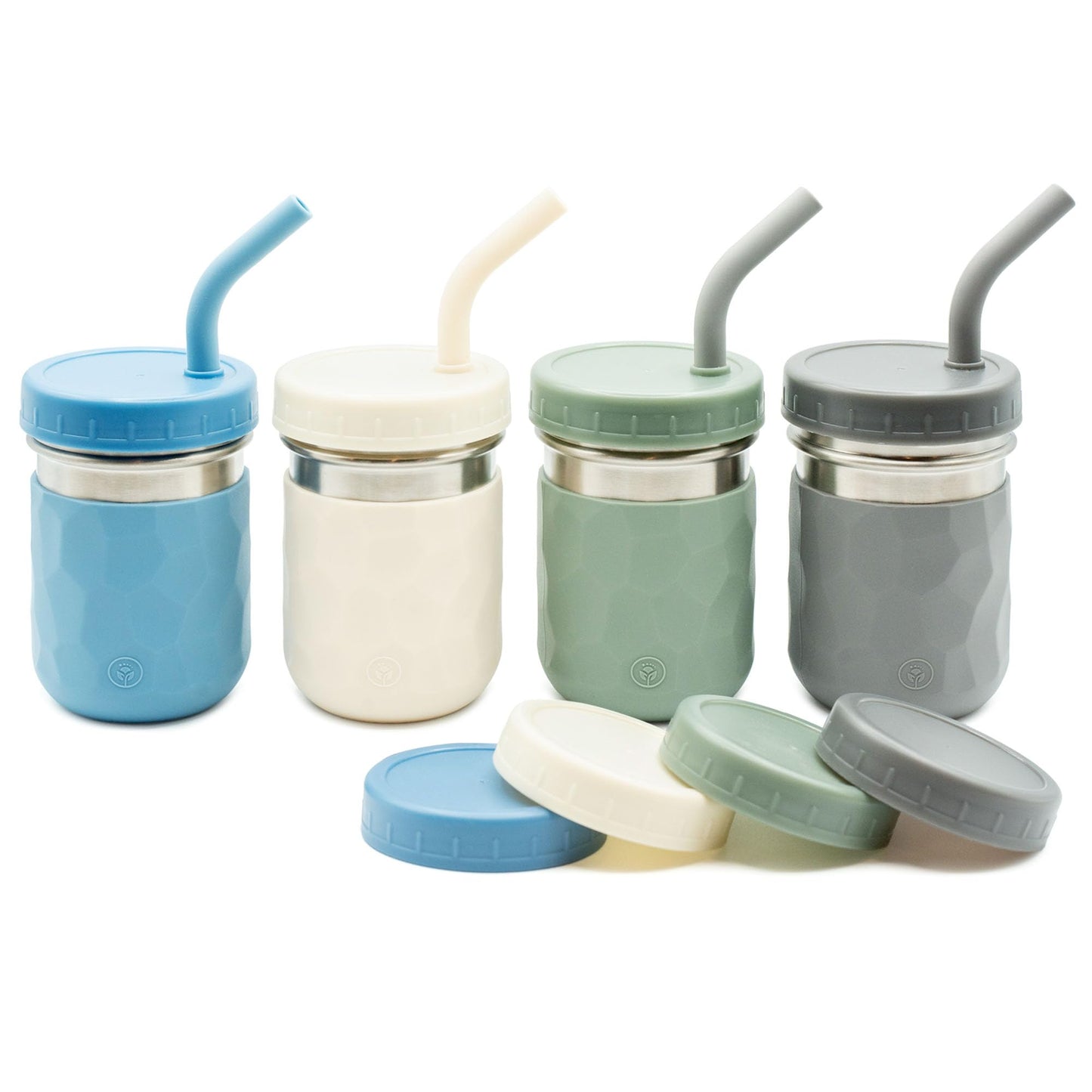 WeeSprout 2 en 1 - Vasos para beber para niños, vaso de acero inoxidable duradero para batidos, pajitas de silicona con tapones, tapas giratorias de plástico premium, fundas de fácil agarre, juego de