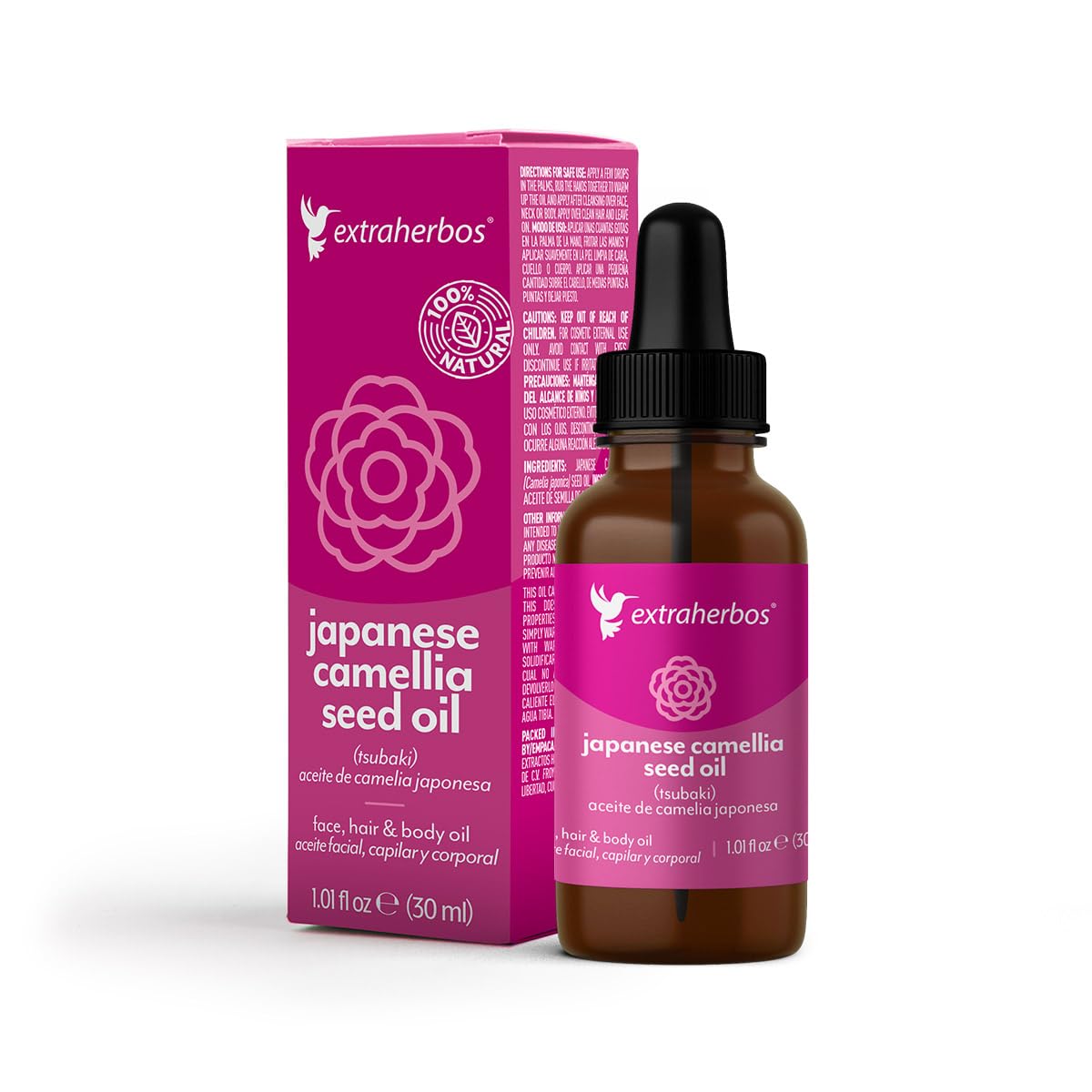 Extraherbos Aceite de Camelia Japonés Prensado en Frío 30ml – Aceite Tsubaki Orgánico para Rostro y Cabello | Efecto Piel de Porcelana, Antiarrugas – Hidratante No Comedogénico