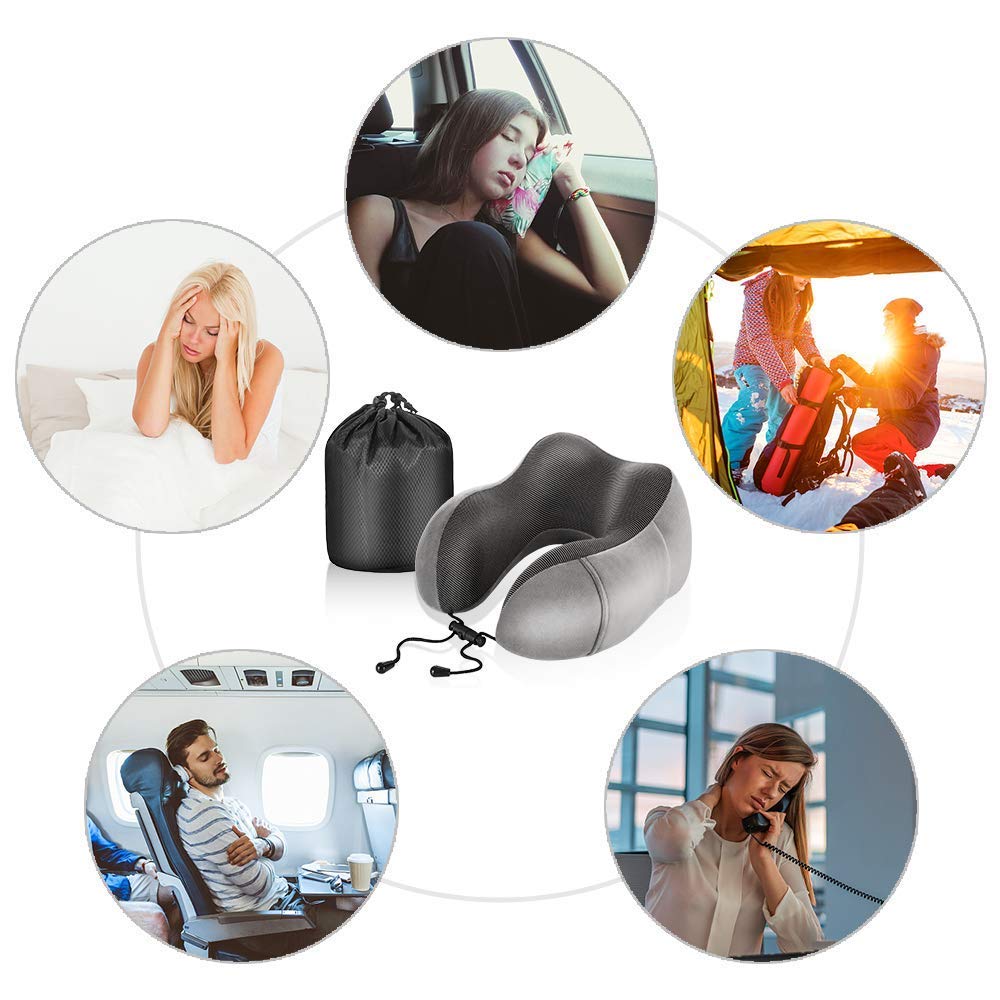 Almohada de Viaje MCSWKEY Gris Oscuro Viscoelástica con Soporte Cervical y Accesorios
