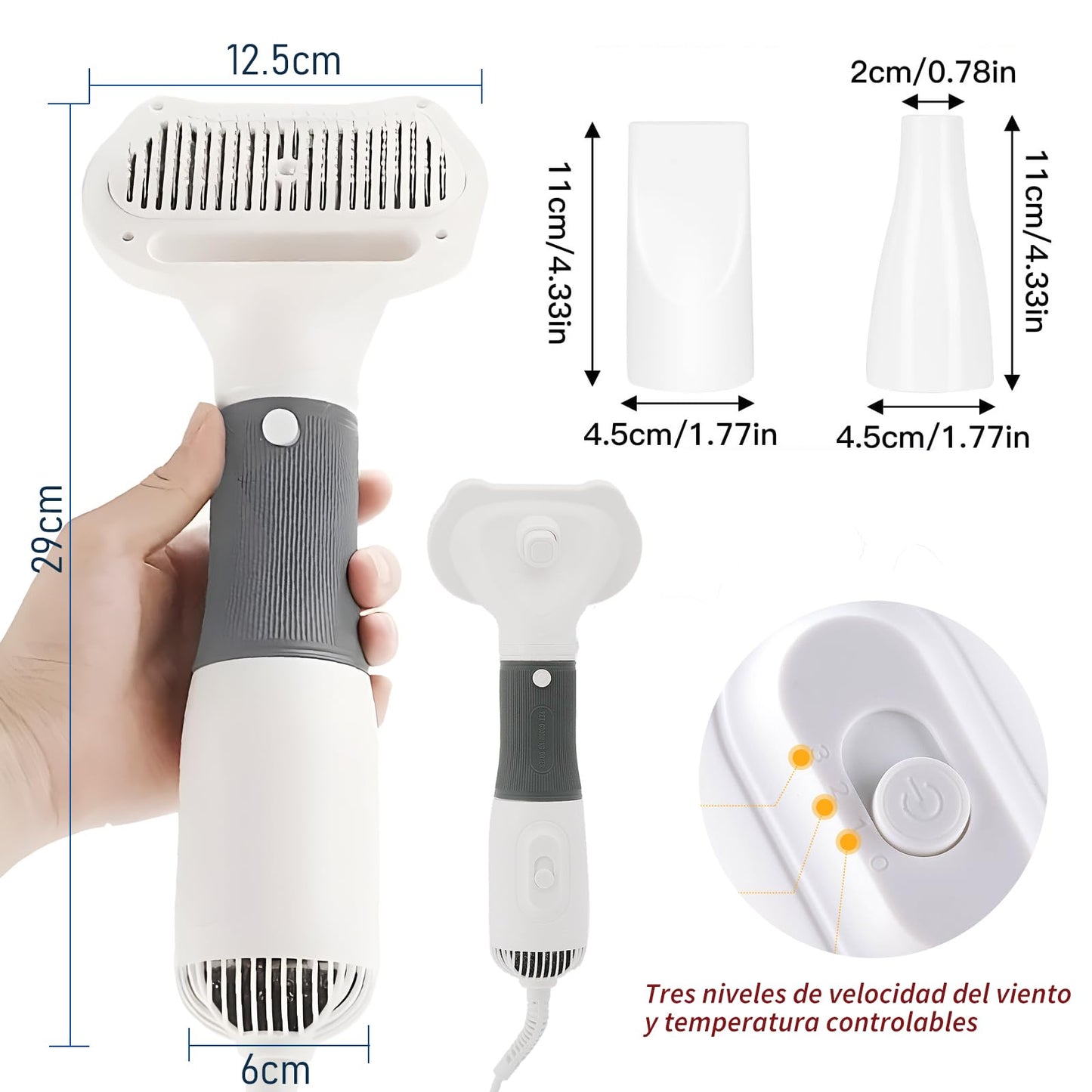Secador de Pelo Portátil para Mascotas 600W Peine de Mano Ajustable Bajo Ruido con 2 Boquillas y 3 Niveles de Velocidad y Temperatura