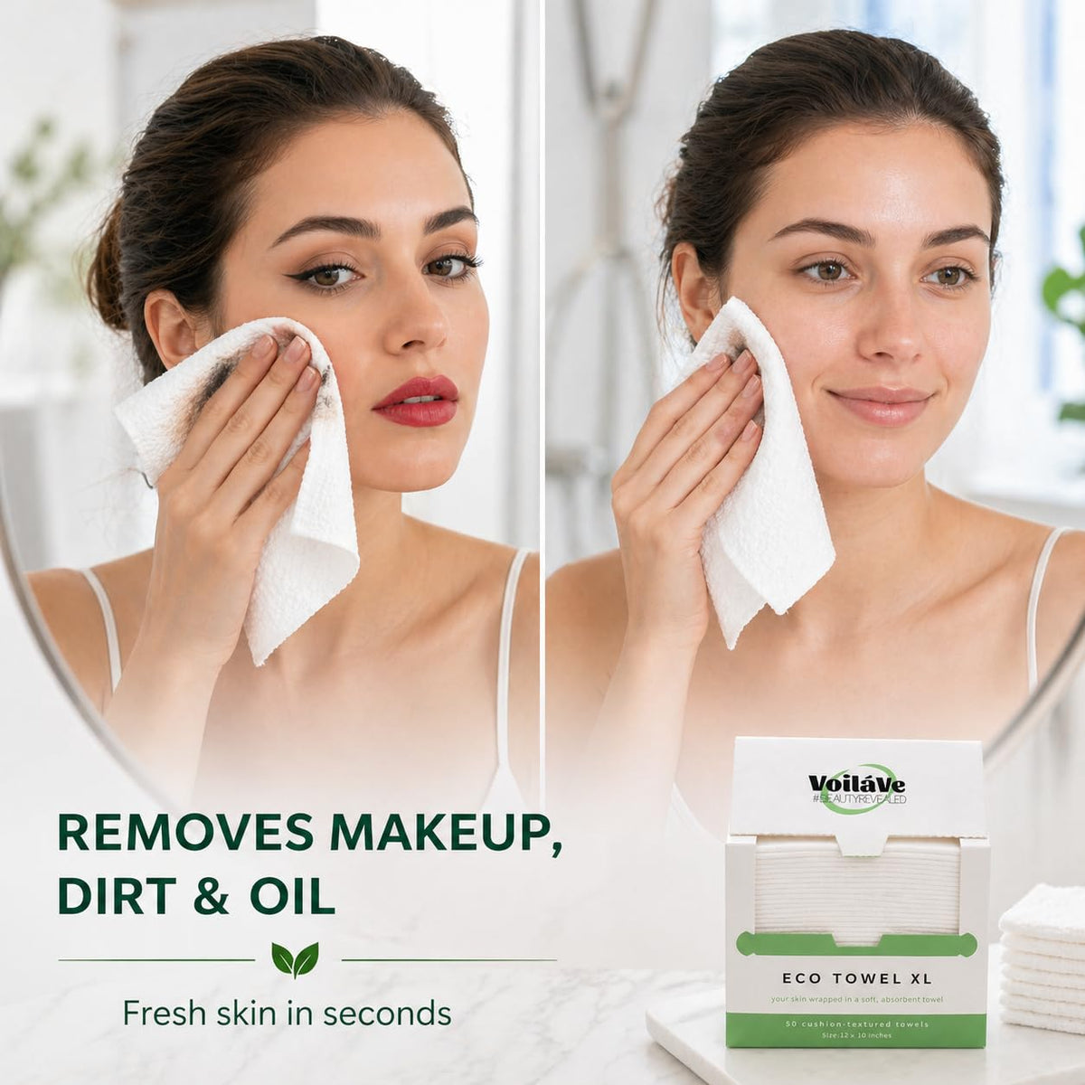 VoilaVe Toallitas Faciales Desechables - 100% Algodón, Biodegradables, Desmaquillantes, Paños Faciales Ultrasuaves Que No Sueltan Pelusa | Toallitas Ecológicas Clínicamente Probadas para Pieles Sensib