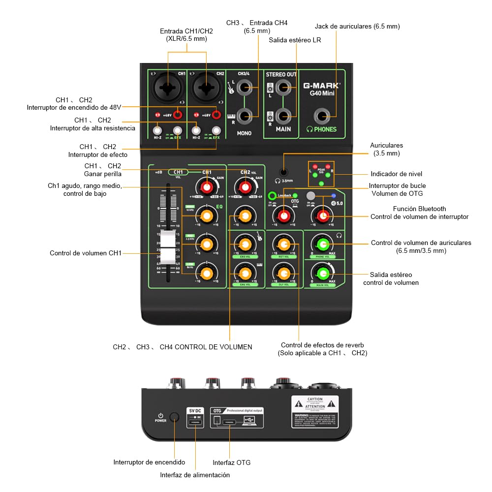 G-MARK Portátil Mezcladora de Audio de 4 Canales, USB OTG Interfaz Bluetooth Estéreo Phantom Power de 48 V Consola De Sonido para DJ, Estudio, Teléfono Móvil, Tableta (G40MINI 4 Canales)