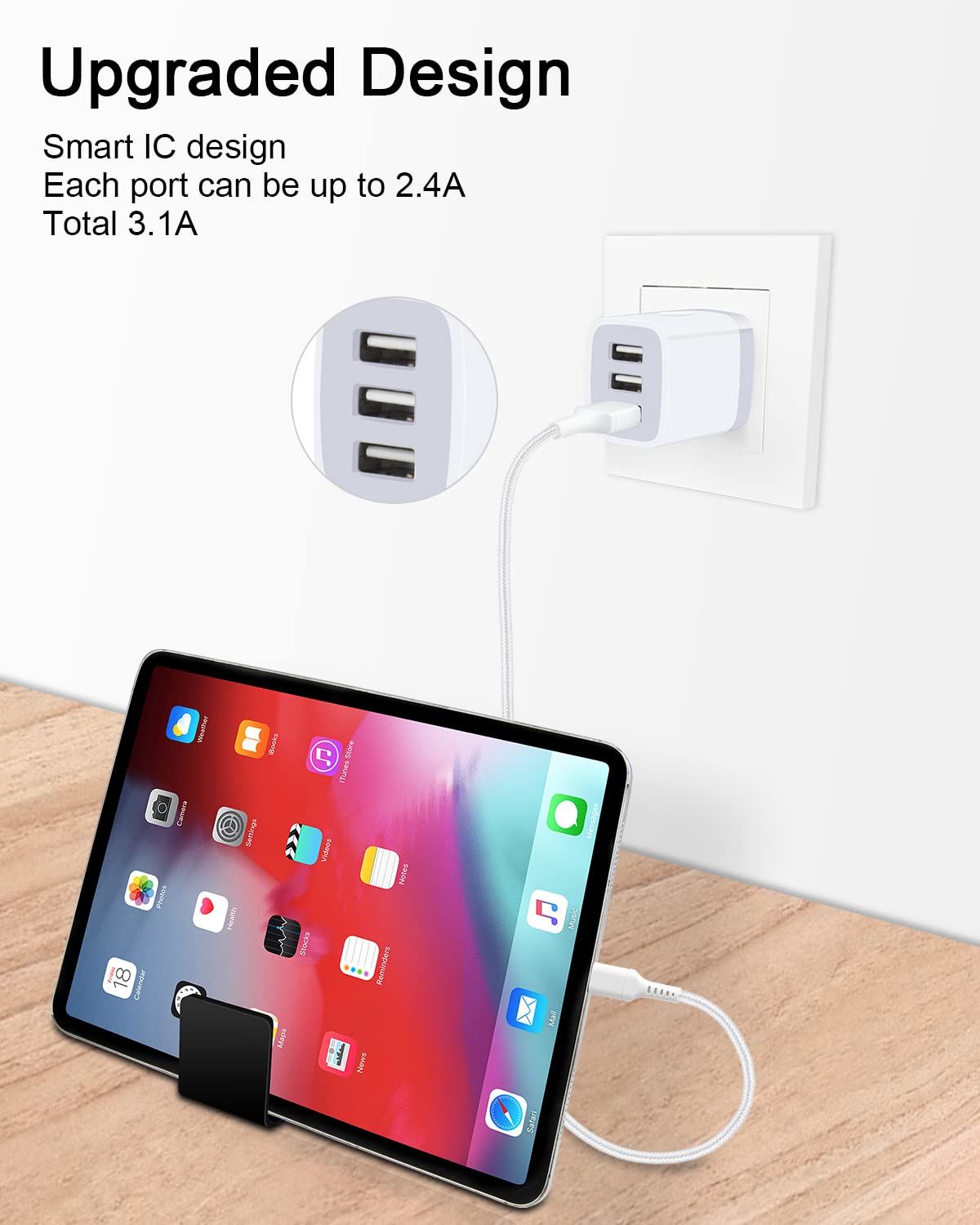 AILKIN - cubeta de cargador USB, enchufe de cargador de pared, adaptador USB 3.1A de 3 puertos USB, base de caja para iPhone 15 14 13 12 Pro Max Mini SE 11 Pro Max/X/8/7, Samsung teléfonos USB Bloque