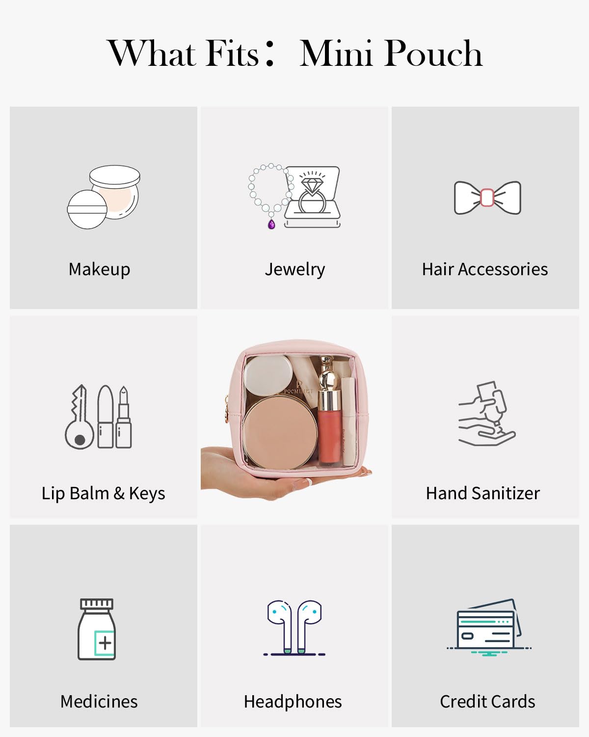 Pocmimut Bolsa de maquillaje,mini bolsa de maquillaje,bolsa organizadora,artículos esenciales de viaje, bolsa de maquillaje transparente para accesorios de coche para mujeres,Rosa