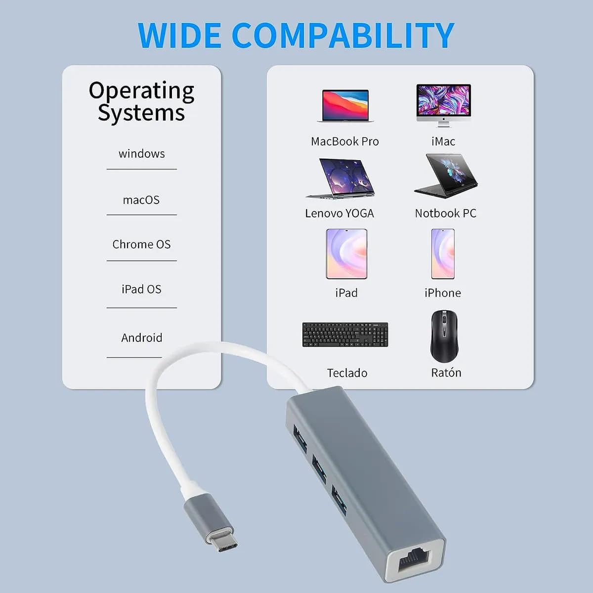 Genérico Adaptador USB C a Ethernet, Adaptador Ethernet USB C a RJ45 Thunderbolt 3, LAN de Red 10/100Mbps para MacBook Pro, MacBook Air, iPad Pro, Surface, DELL XPS y más