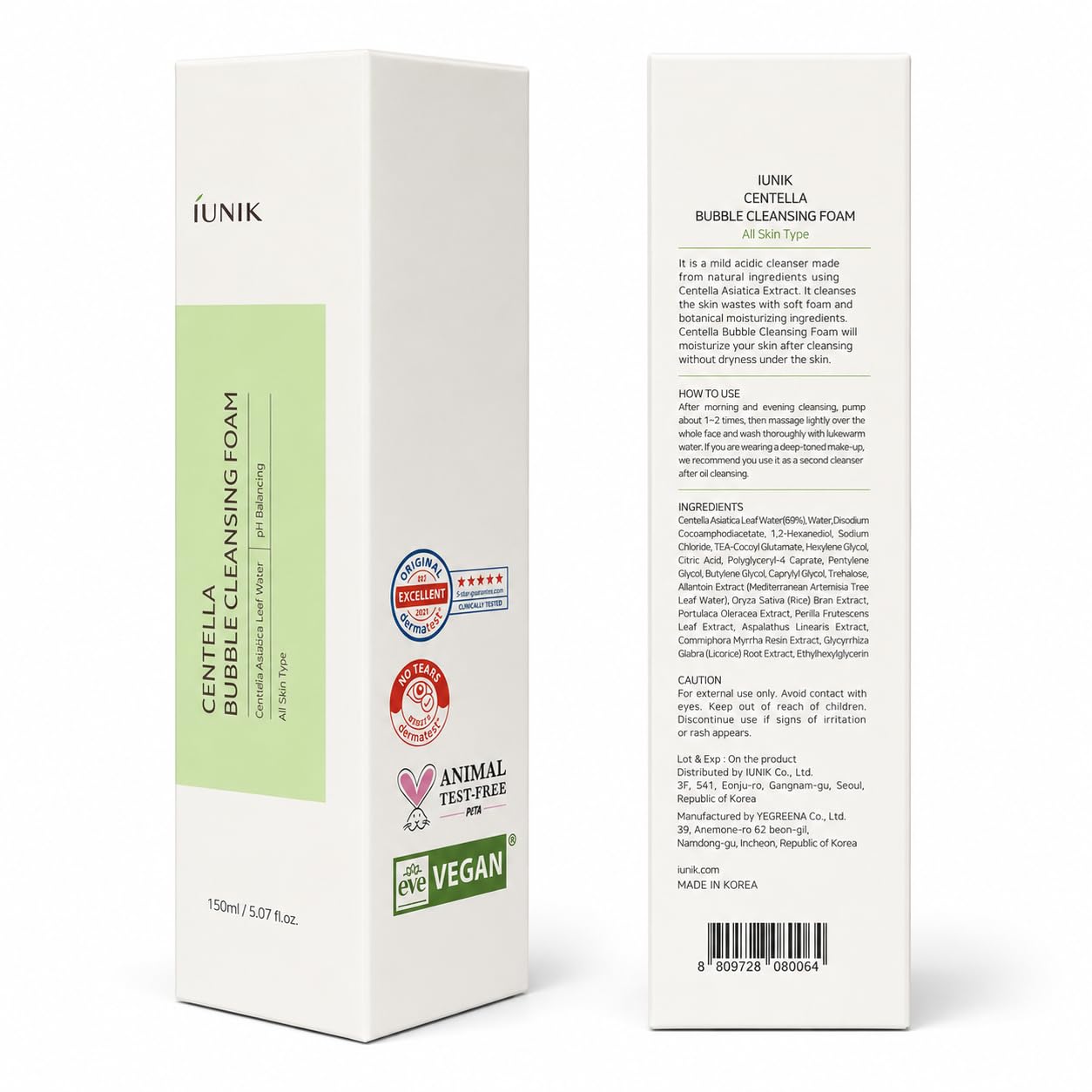 iUNIK Centella Espuma de limpieza de burbujas, 150 ml. oz. Con MAKEP:REM Safe me. Crema de hidratación para alivio de la humedad